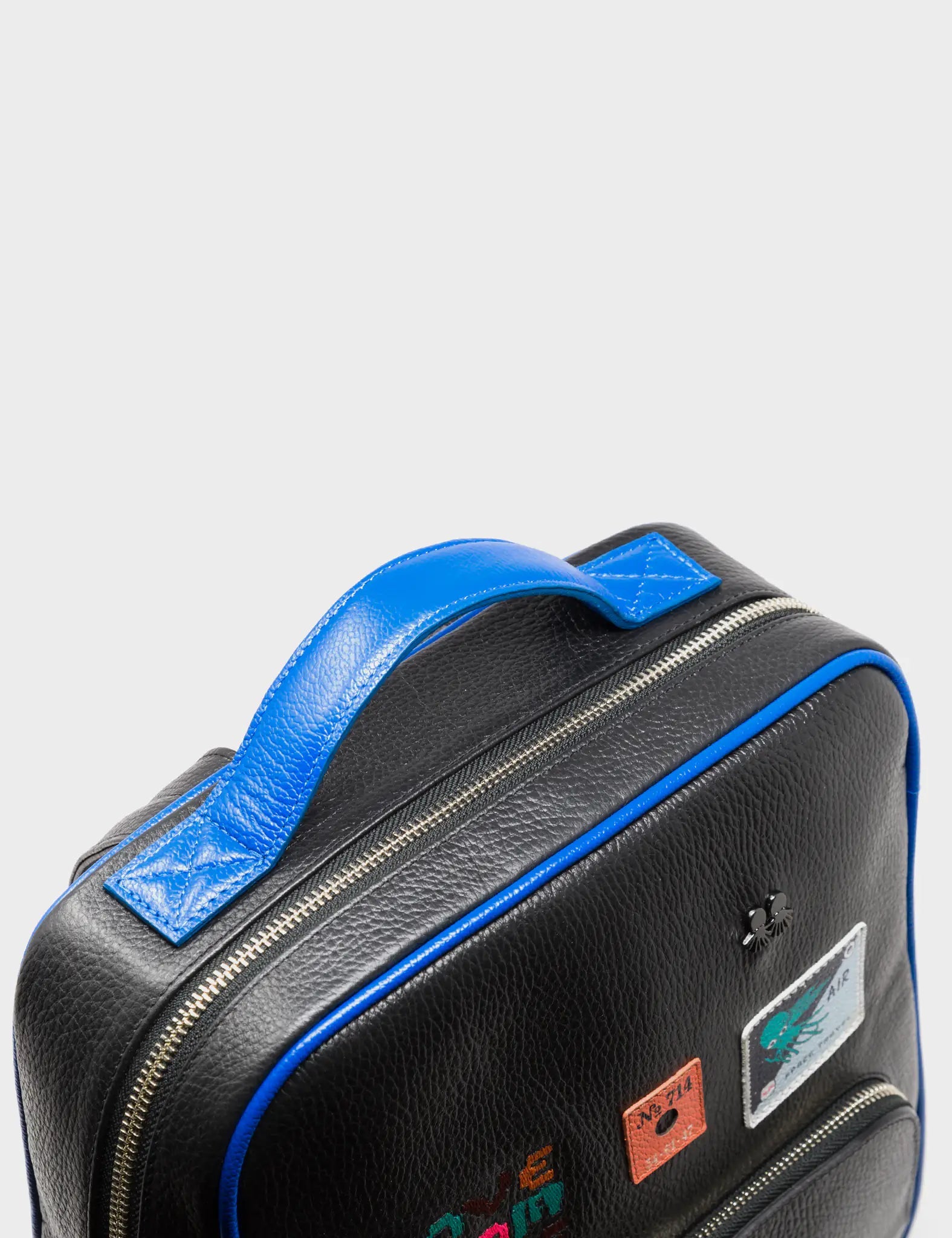 Marino Black & Blue Leather Backpack Medium Size - Stylish Groovin' Galaxies Applique Design for Work, School & Travel