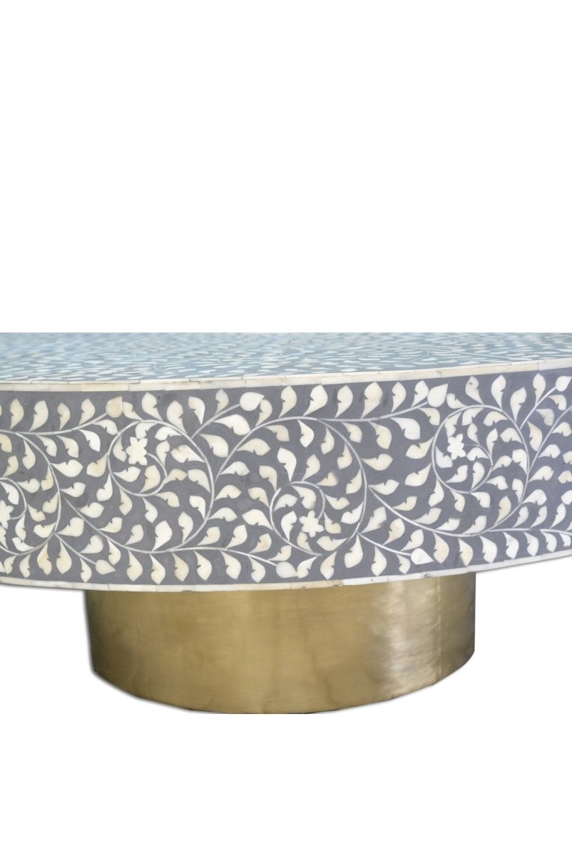 Handmade Bone Inlay Floral Design Round Coffee Table - Grey Wooden Living Room Furniture for Home Decor, Modern Boho Style Centerpiece for Lounge, Bedroom or Office