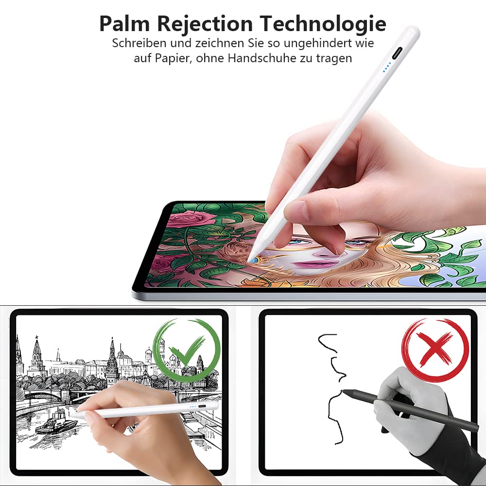 Apple iPad Stylus Pen with Palm Rejection & Tilt Sensitivity - Fast Charging in 35 Mins - Compatible with iPad Pro 11/12.9 (2018-2024), iPad 6-10, Air 3/4/5, Mini 5/6 - Perfect for Drawing, Note-Taking & Digital Art