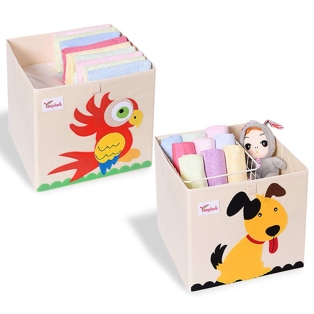 Foldable Animal Toy Storage Box - 2 Pack Collapsible Organizer Bins for Kids Room, Dog & Parrot Design (13x13x13 Inch) - Perfect for Playroom, Nursery, and Bedroom Organization