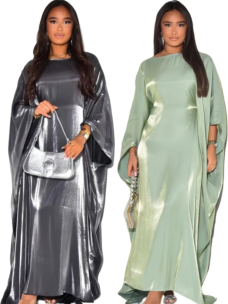 Elegant Batwing Sleeve Satin Abaya Dress for Women - Modest Muslim Prayer Dress for Eid, Wedding & Special Occasions