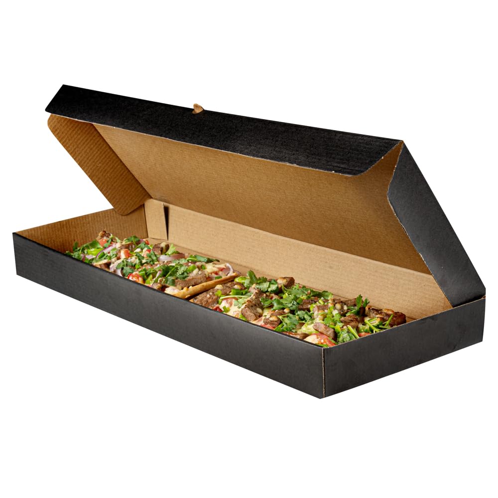 Eco-Friendly 24 x 12 x 2 Inch Flatbread Takeaway Boxes - 50 Pack Sturdy Corrugated Pizza Boxes with E-Flute Design & Tab-Lock System | Black & Kraft Paper Disposable Food Containers for Flatbreads, Pizzas, and Catering Events