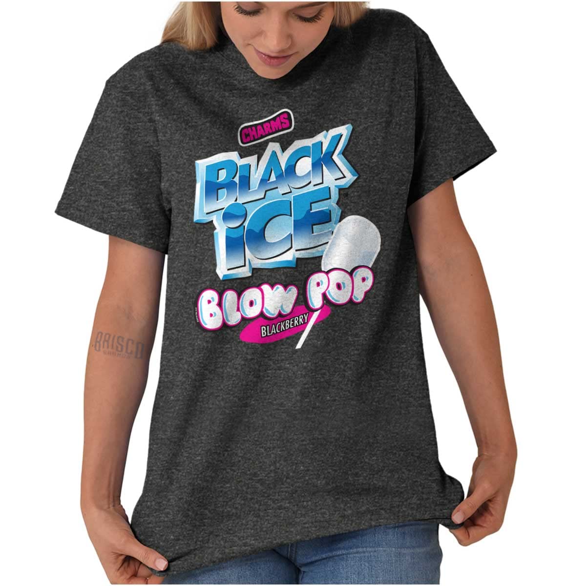 Brisco Brands Blow Pop Black Ice Retro Candy Women's Graphic T-Shirt | Vintage Candy Print Tee for Women | Perfect for Casual Wear, Parties & Retro Fashion Lovers
