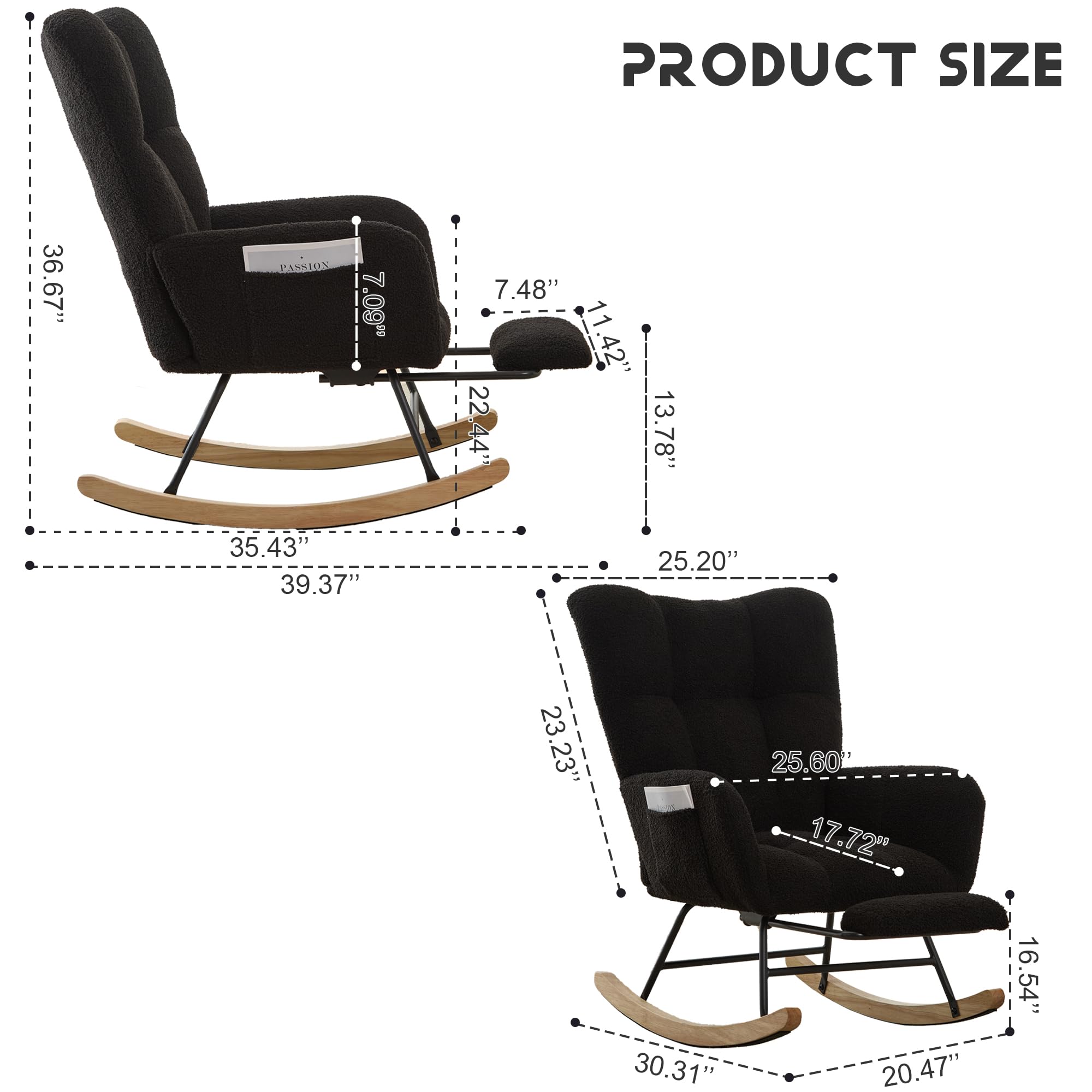 Comfy Teddy Upholstered Glider Rocker Chair with Footrest & High Backrest - Nursery Rocking Armchair with Side Pocket for Living Room, Bedroom, Office (Large Black) | Perfect for Nursing, Reading & Relaxing
