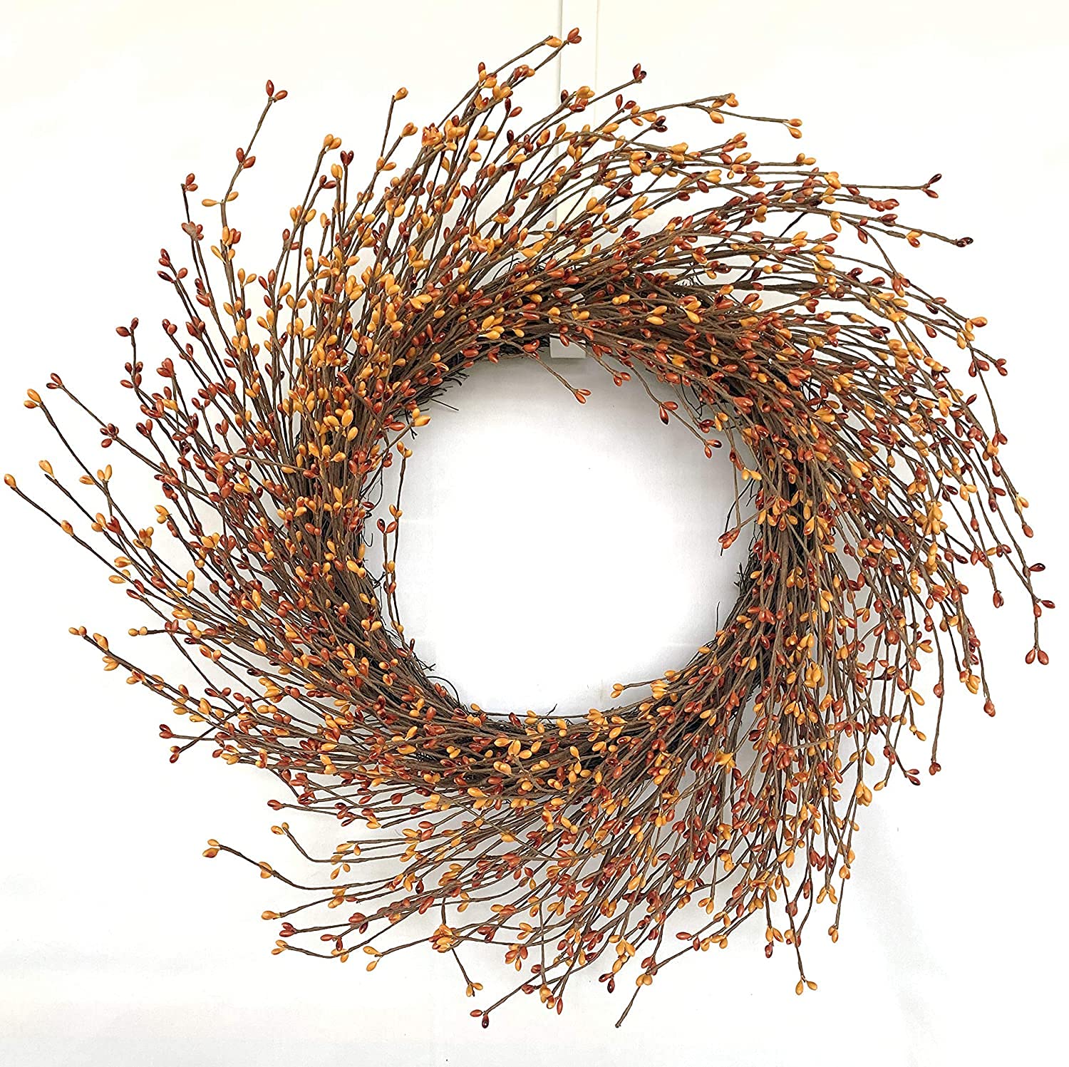 24 Inch Fall Artificial Twig Wreath with Eucalyptus Leaves & Berries - Thanksgiving Grapevine Wreath for Front Door, Farmhouse Window, Party & Home Decor - Perfect for Autumn, Halloween, and Holiday Season Decorations
