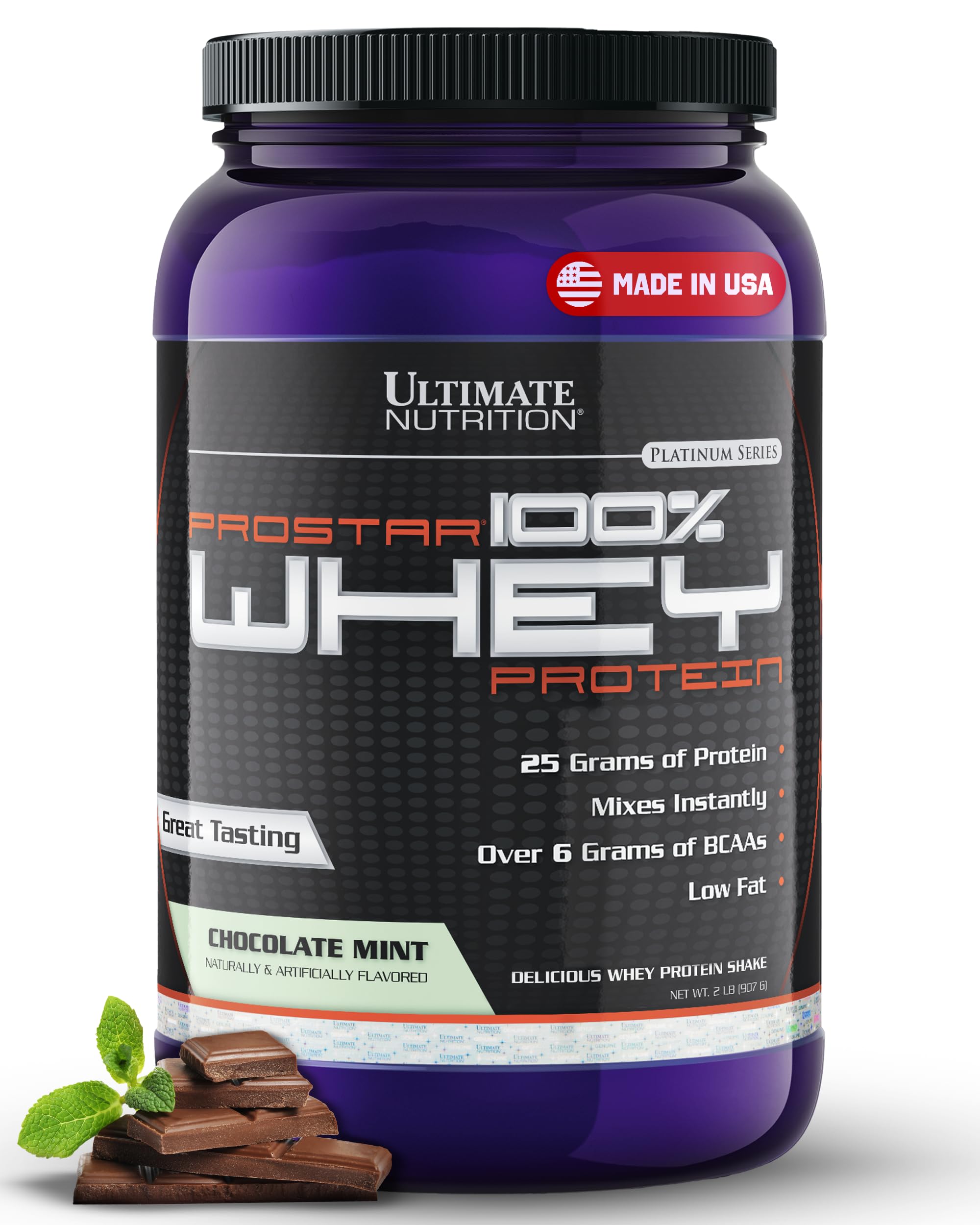 Ultimate Nutrition Prostar Whey Protein Powder Isolate - Gourmet Chocolate Mint Flavor | Low Carb, High Protein Shake for Muscle Gain & Recovery | Keto Friendly, Low Sodium & Fat | 2 lbs Tub | Perfect for Post-Workout, Weight Loss & Healthy Lifestyle