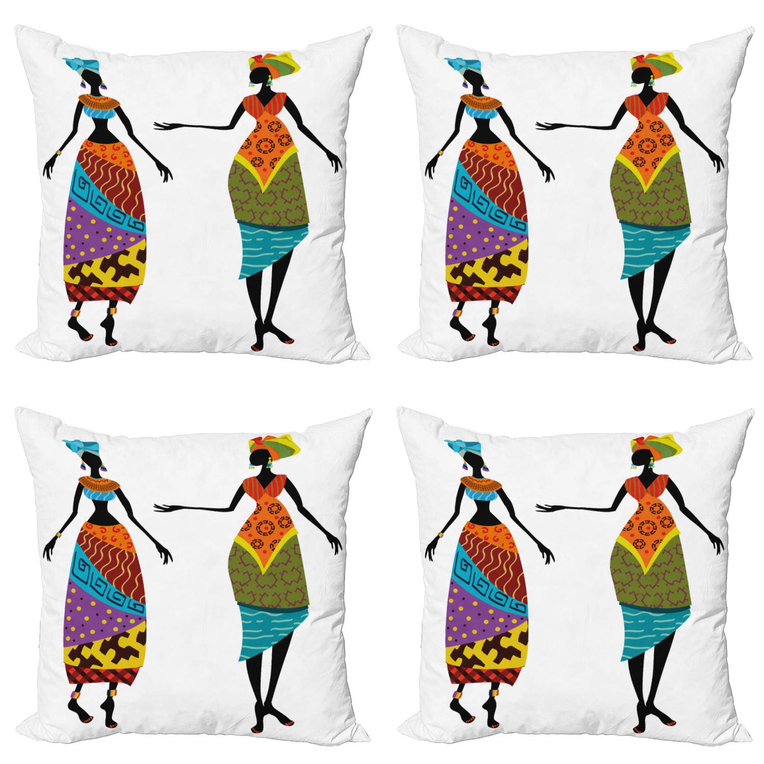 Ambesonne African Decorative Throw Pillow Covers Set of 4 - Traditional Costume Silhouette Ethnic Vintage Design - 24 Inch Multicolor Cushion Covers for Sofa, Living Room, Bedroom & Car Decor - Perfect for Boho Home Decor and Cultural Display