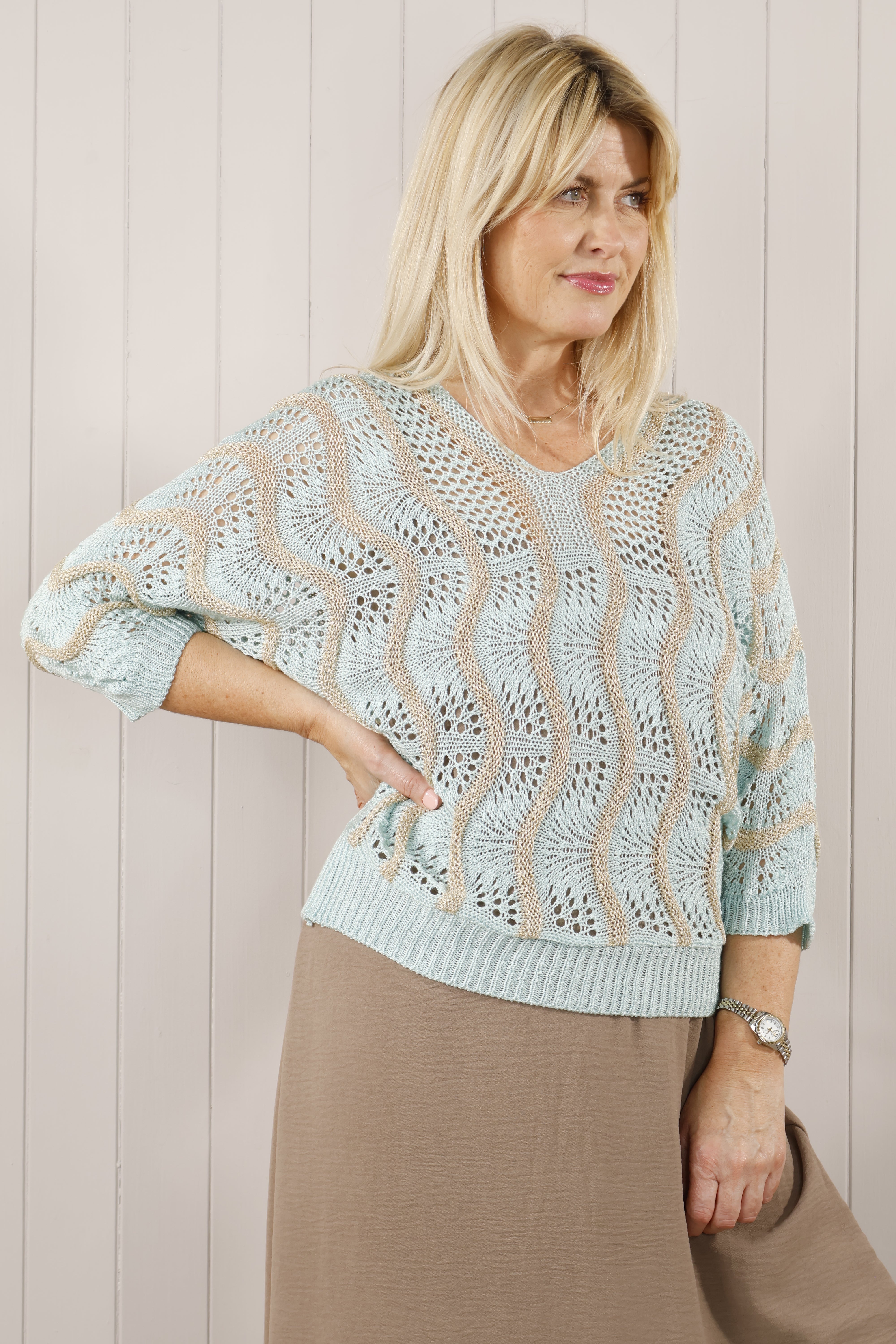 Lakelyn Lurex Top Women's Shirt in Aqua Blue - Elegant Glittery Blouse for Party, Night Out & Special Occasions