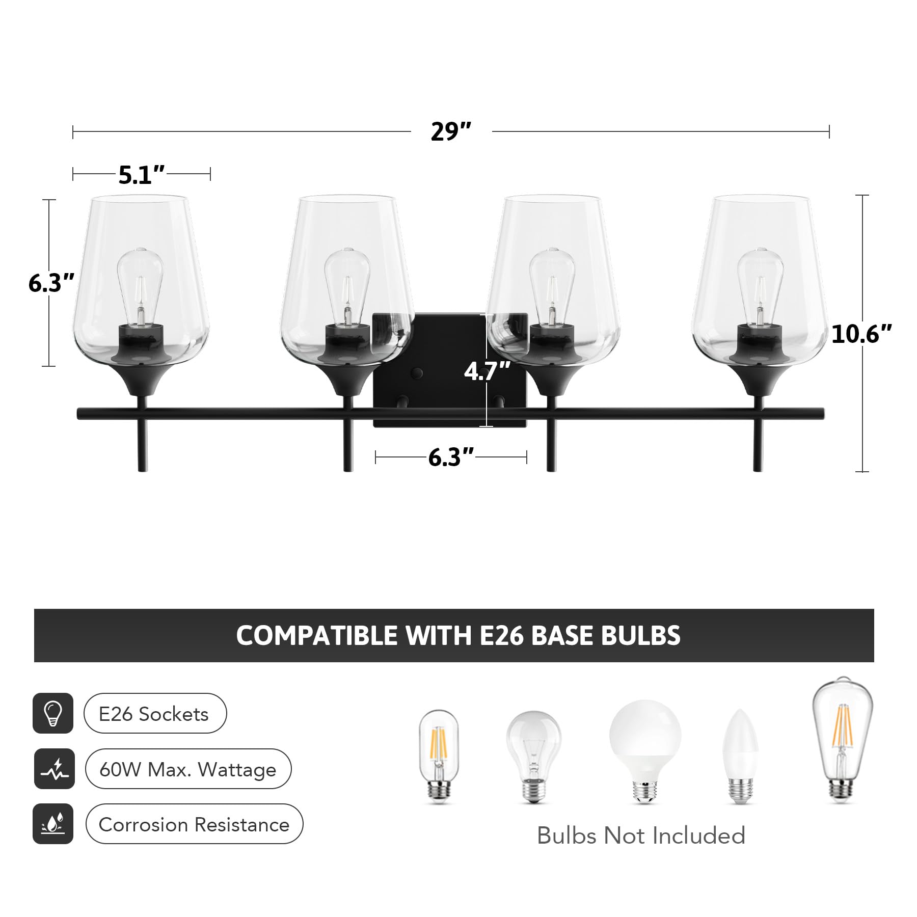 VONLUCE 4-Light Modern Bathroom Vanity Light Fixture with Clear Glass - Matte Black Wall Sconce for Bathroom, Bedroom, Hallway & Kitchen | Perfect Over Mirror Lighting for Home Decor