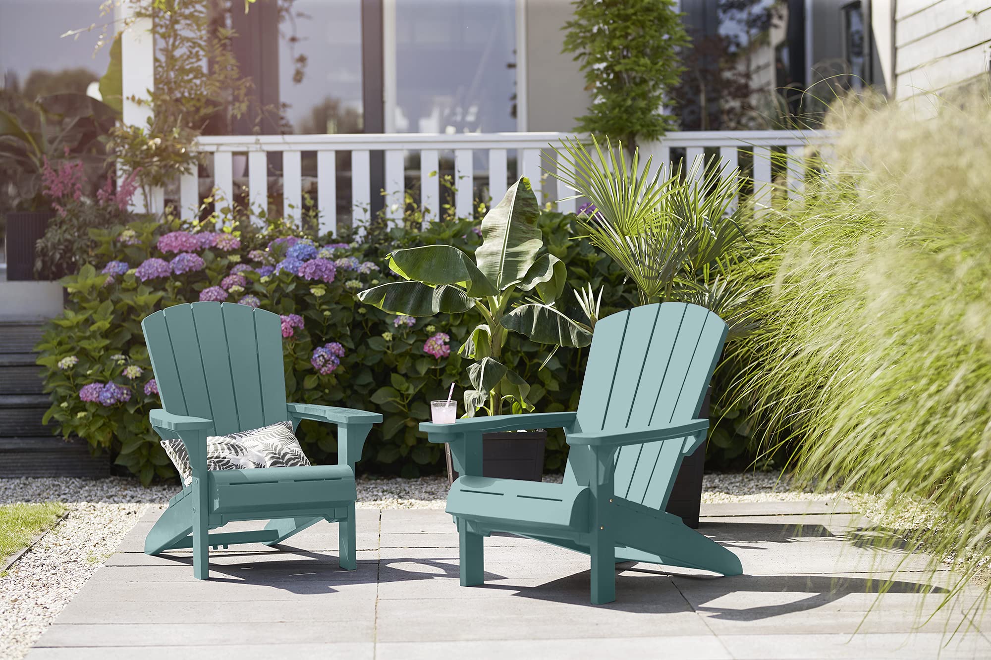 Keter Alpine Adirondack 2-Pack Resin Outdoor Patio Chairs with Cup Holder - Weather-Resistant Teal Plastic Garden Furniture for Beach, Poolside, Fire Pit & Backyard Relaxation