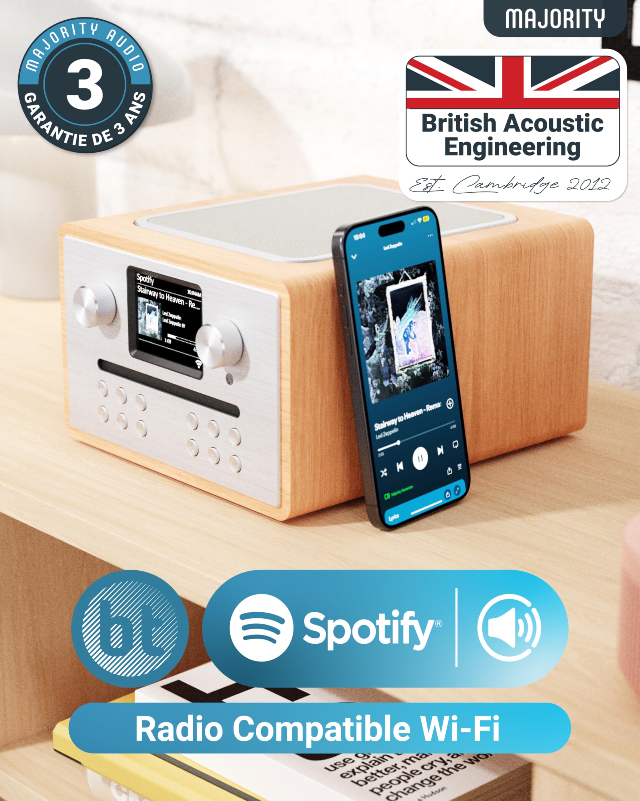Majority Homerton Oak Wood Internet Radio with DAB+/FM, Bluetooth, Spotify, Podcasts - 90 Presets, Dual Alarm, LED Display & Remote - Perfect for Bedroom, Kitchen, Office