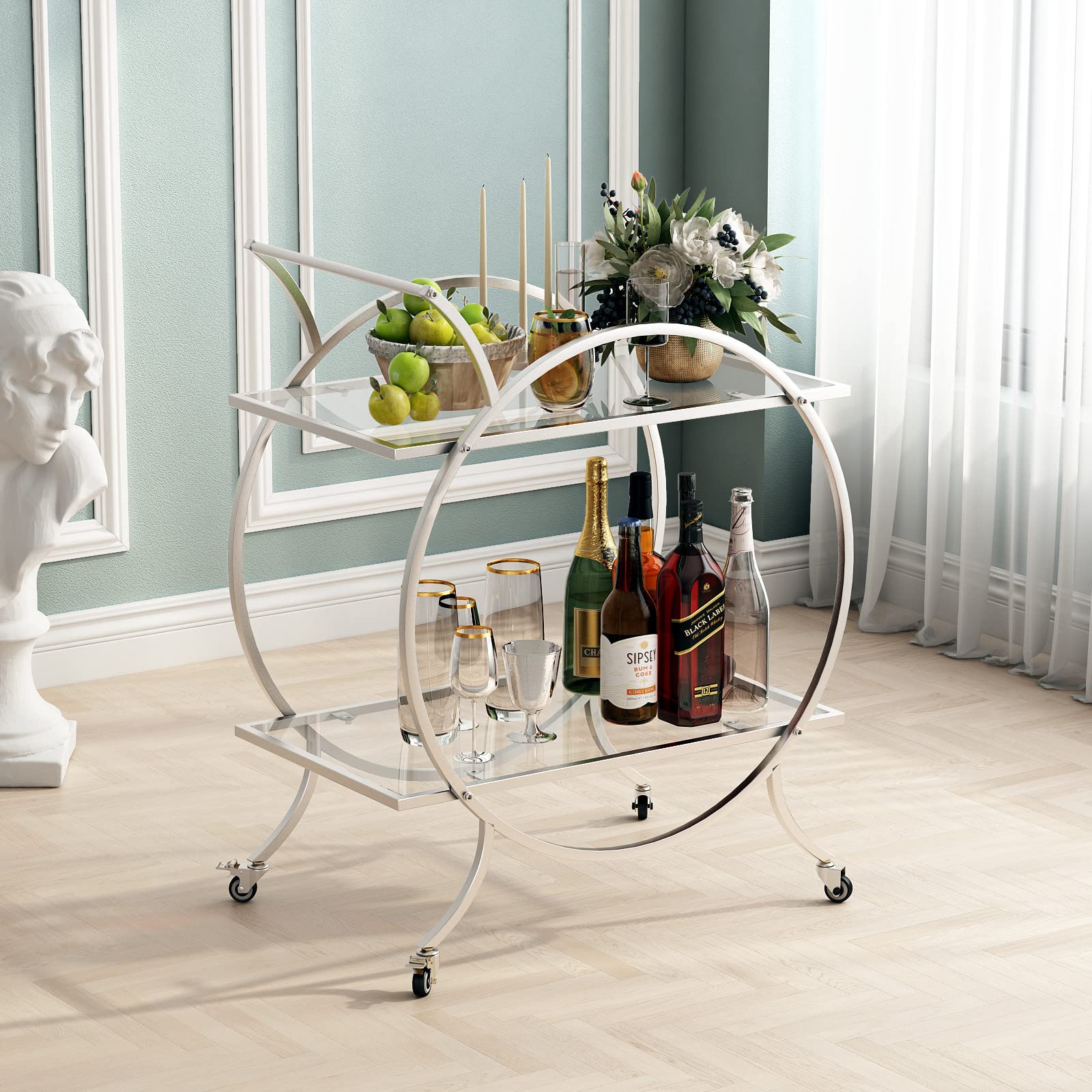 LORMITER Silver Rolling Bar Cart with 2 Mirrored Shelves & Lockable Wheels - Home Bar Serving Cart, Kitchen Storage Wine Cart for Living Room, Dining Room & Outdoor Entertaining