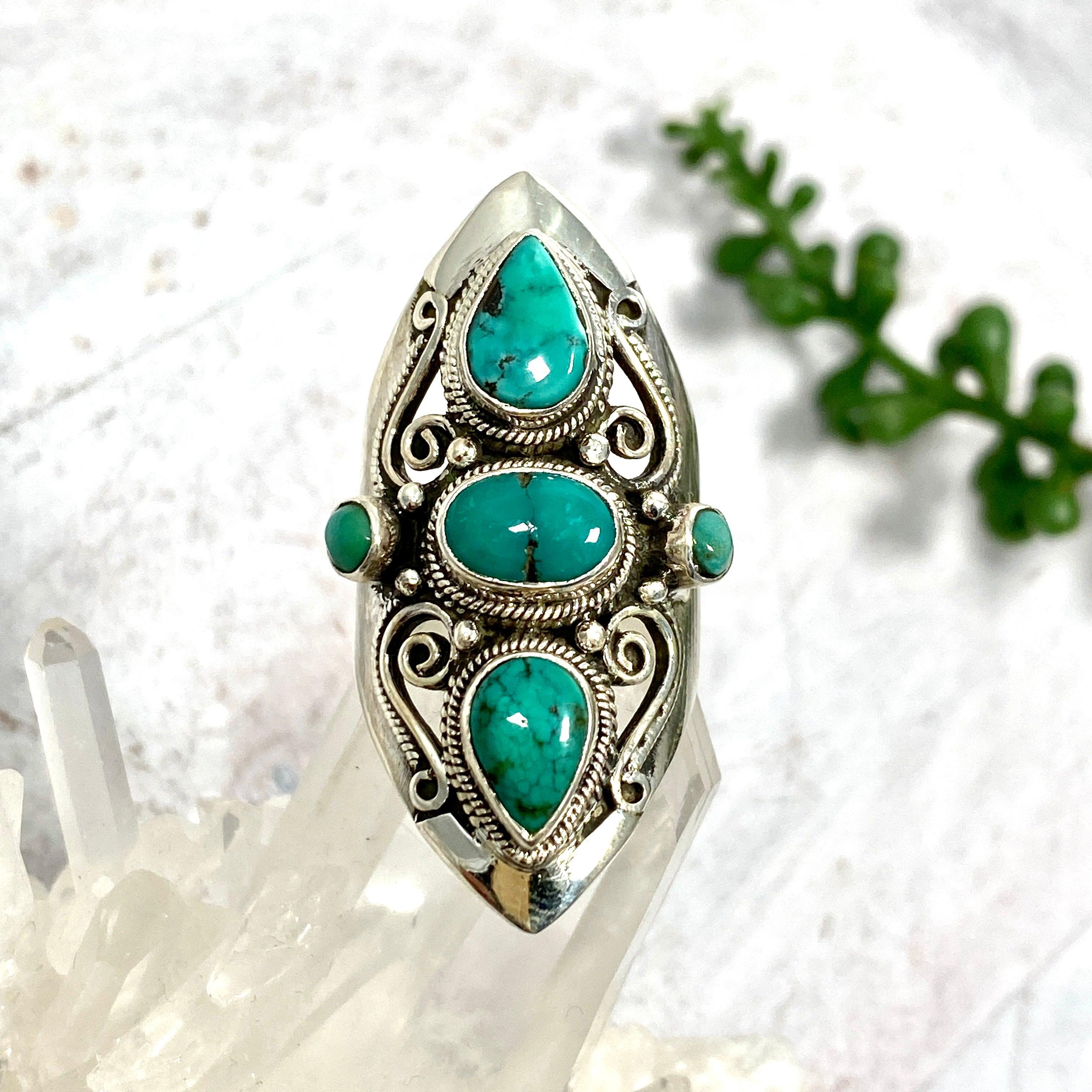 Boho Style Turquoise Multi Stone Ring for Women - Size 8 (R4068) | Handmade Bohemian Jewelry for Casual Wear, Festivals & Gift Giving
