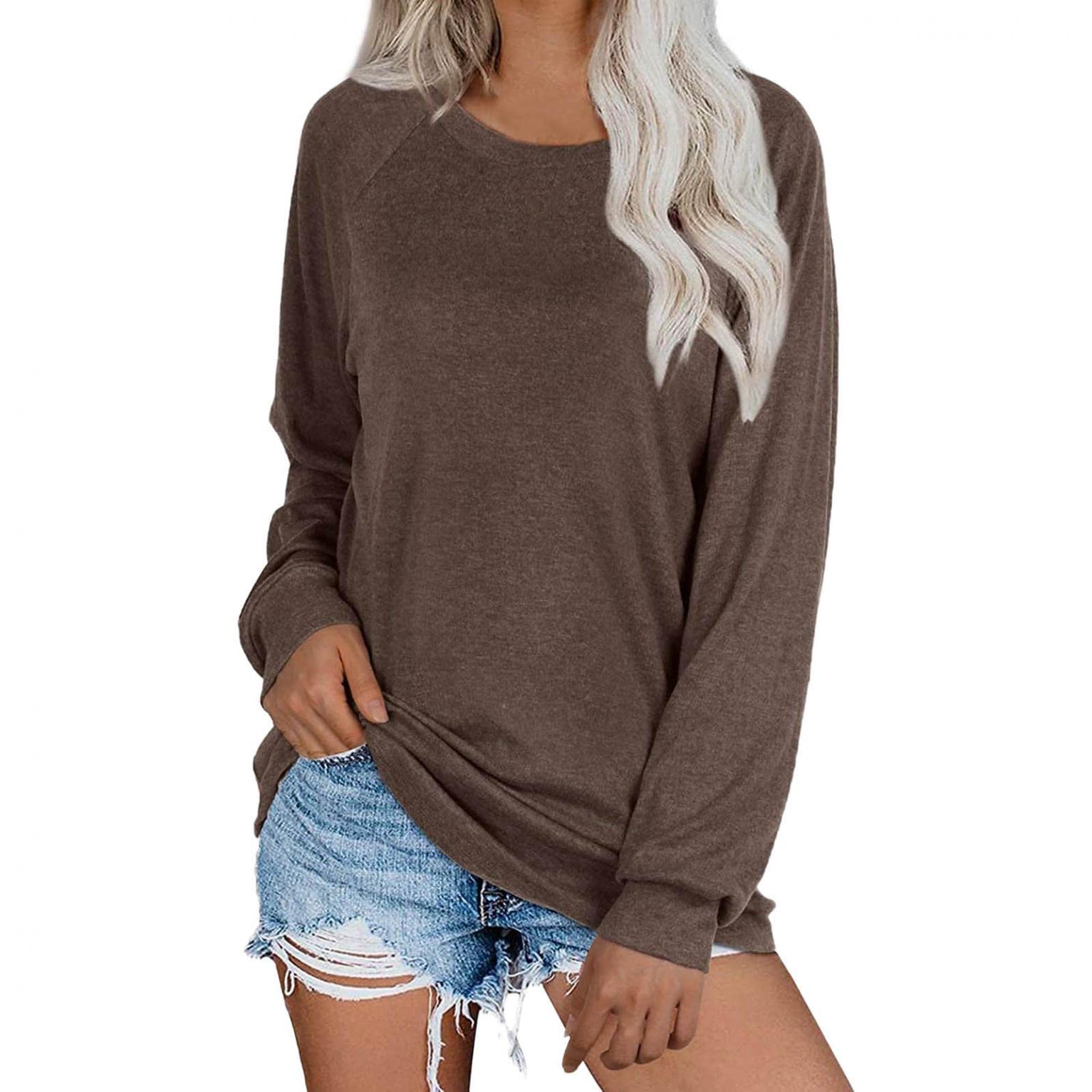 Xudanell Women's Long Sleeve V-Neck & Crewneck Casual T-Shirts & Sweatshirts - Trendy Solid Color Fashion Tops for Everyday Wear, Office, and Outings