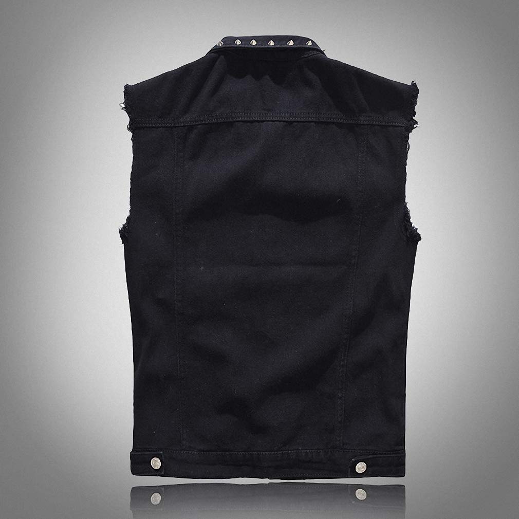 Men's Punk Rock Denim Vest with Rivet Details - Black Raw Edge Waistcoat Jacket for Casual Wear, Music Festivals & Street Style