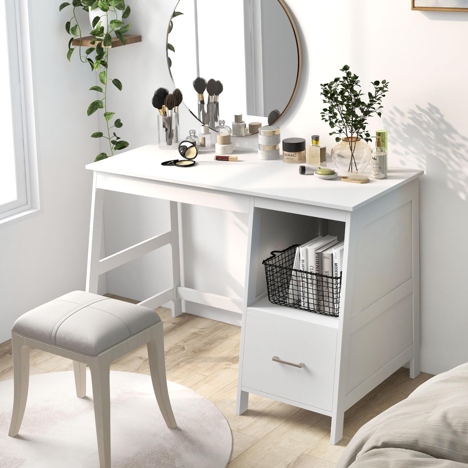 Tangkula White Modern Study Desk with Drawers - Small Computer Desk for Home Office, Writing Desk with Storage Space, Student Desk & Makeup Vanity Table for Bedroom - Perfect for Remote Work, Online Classes & Beauty Routines (White)