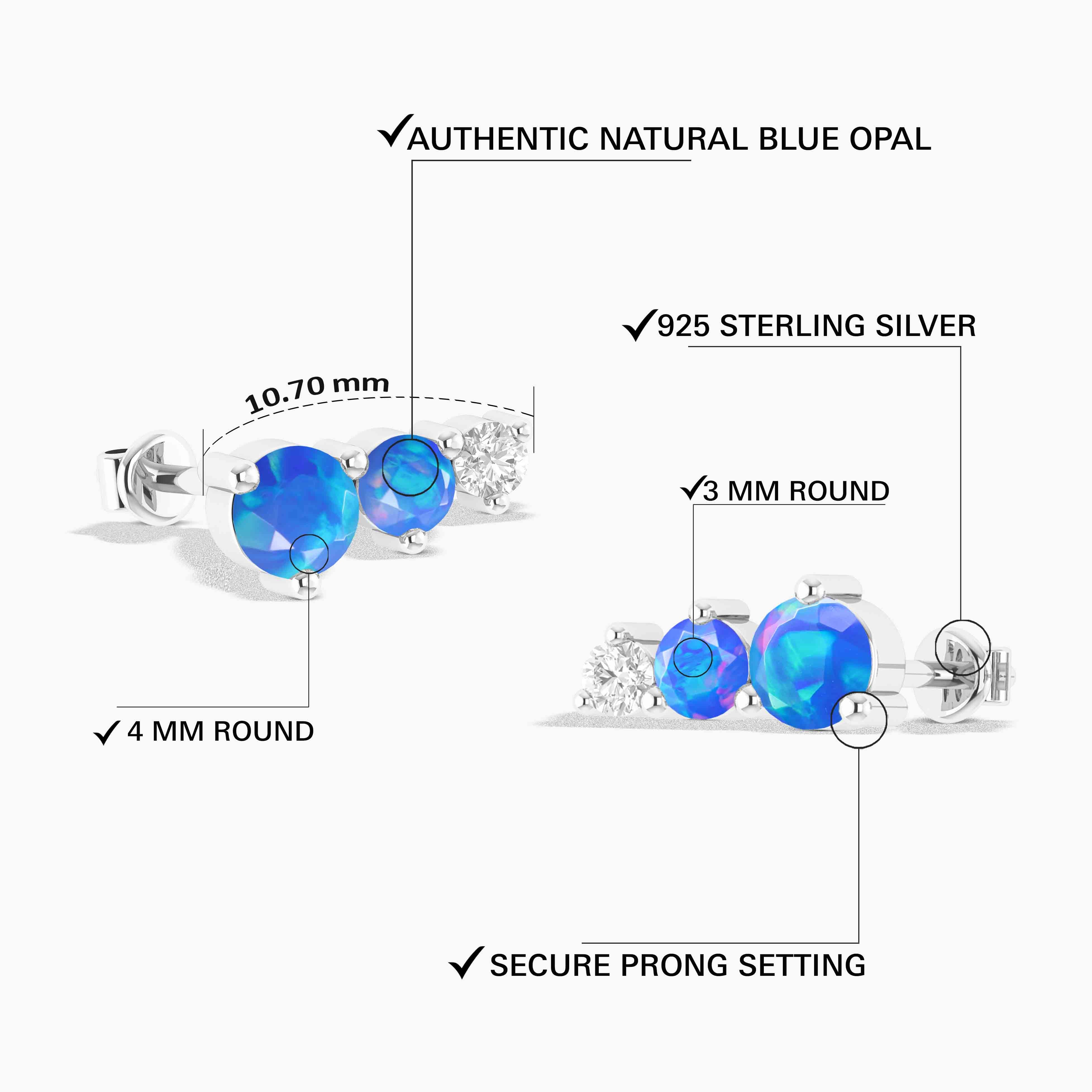 Blue Opal Stud Earrings - Round Trio Set for Women | Hypoallergenic & Elegant Jewelry for Everyday Wear, Parties & Gifts