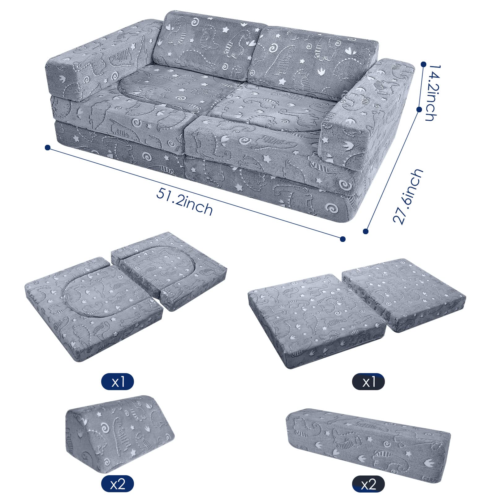 MeMoreCool 10-Piece Modular Kids Play Couch Set - Soft Foldable Sofa for Boys & Girls, Glow-in-The-Dark Dinosaur Design - Perfect for Playroom, Bedroom & Indoor Playtime Activities