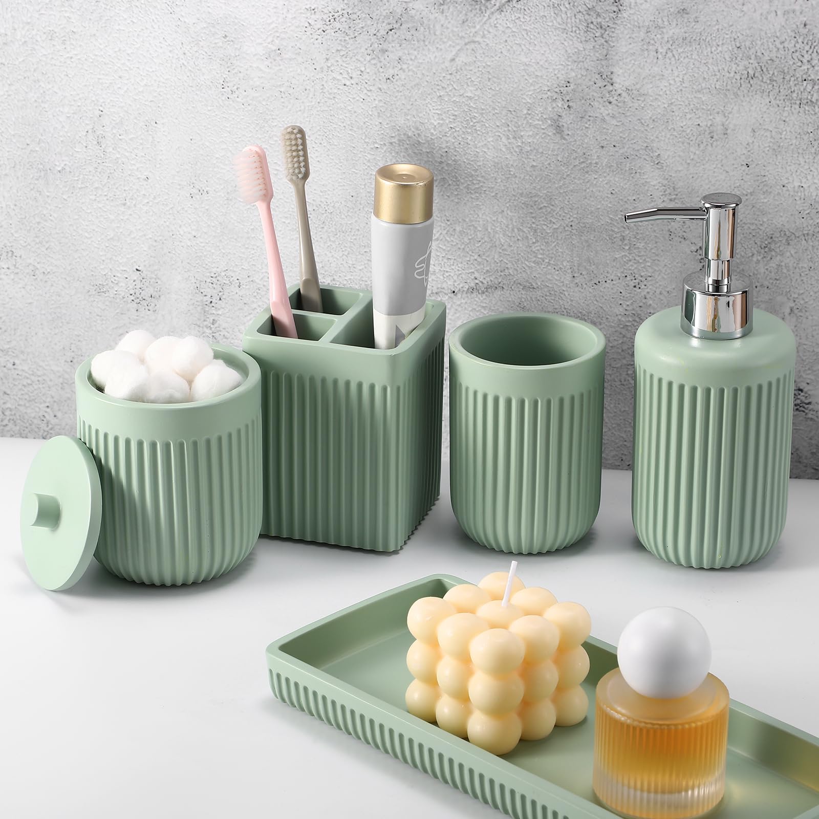 5-Piece Light Green Resin Bathroom Accessories Set - Soap Dispenser, Toothbrush Holder, Tumbler, Q-Tip Holder & Vanity Tray | Modern Countertop Organizer for Apartments & Homes | Perfect for Spa-Like Bathroom Decor & Gift Giving