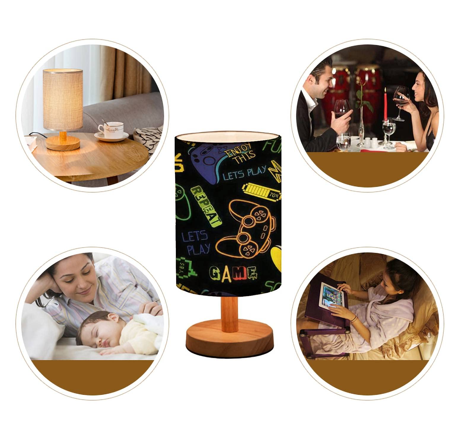 Minimalist Wooden Bedside Table Lamp with Flaxen Fabric Shade - Solid Wood Nightstand Lamp for Bedroom, Living Room, Gaming Room - Cool Joystick Print Design for Boys - Perfect for Reading, Gaming & Home Decor