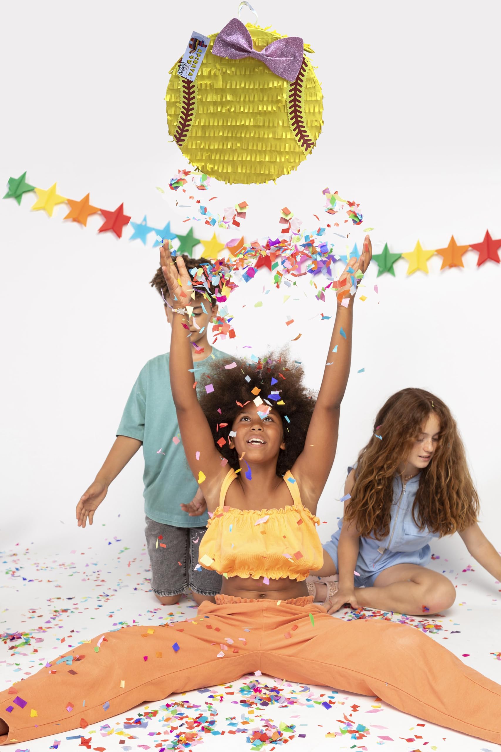 2-D Yellow Softball Piñata with Glittery Pink Bow Accent - 16 Inch Party Decor for Birthday, Sports Theme Celebration & Kids Events