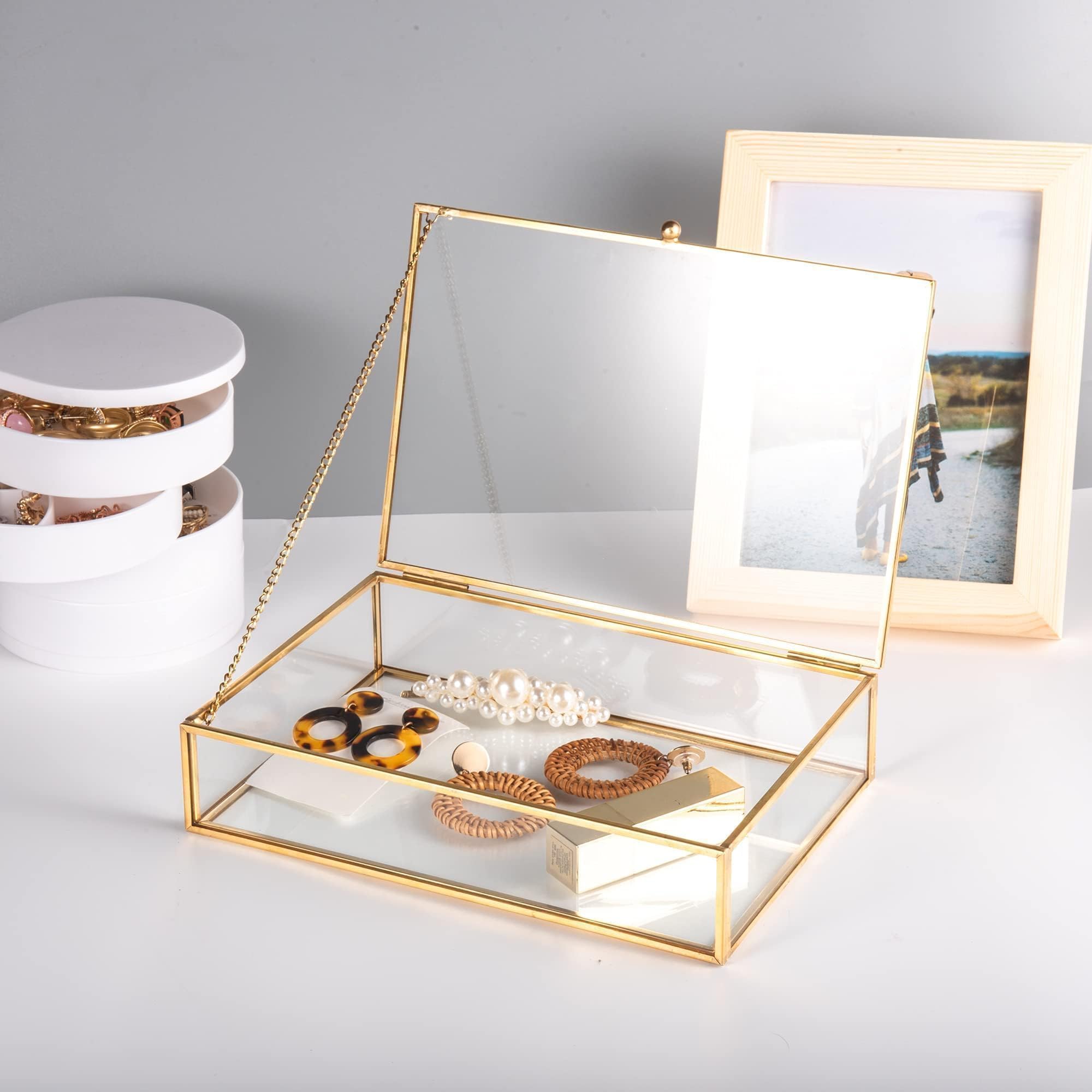 Feyarl Gold Glass Jewelry Box - 5x7 Photo Card Organizer with Lid - Decorative Keepsake Storage Case for Rings, Necklaces & Small Treasures - Perfect for Home Decor, Gift Wrapping & Vanity Display (8.66 x 5.9 x 1.96 Inches)