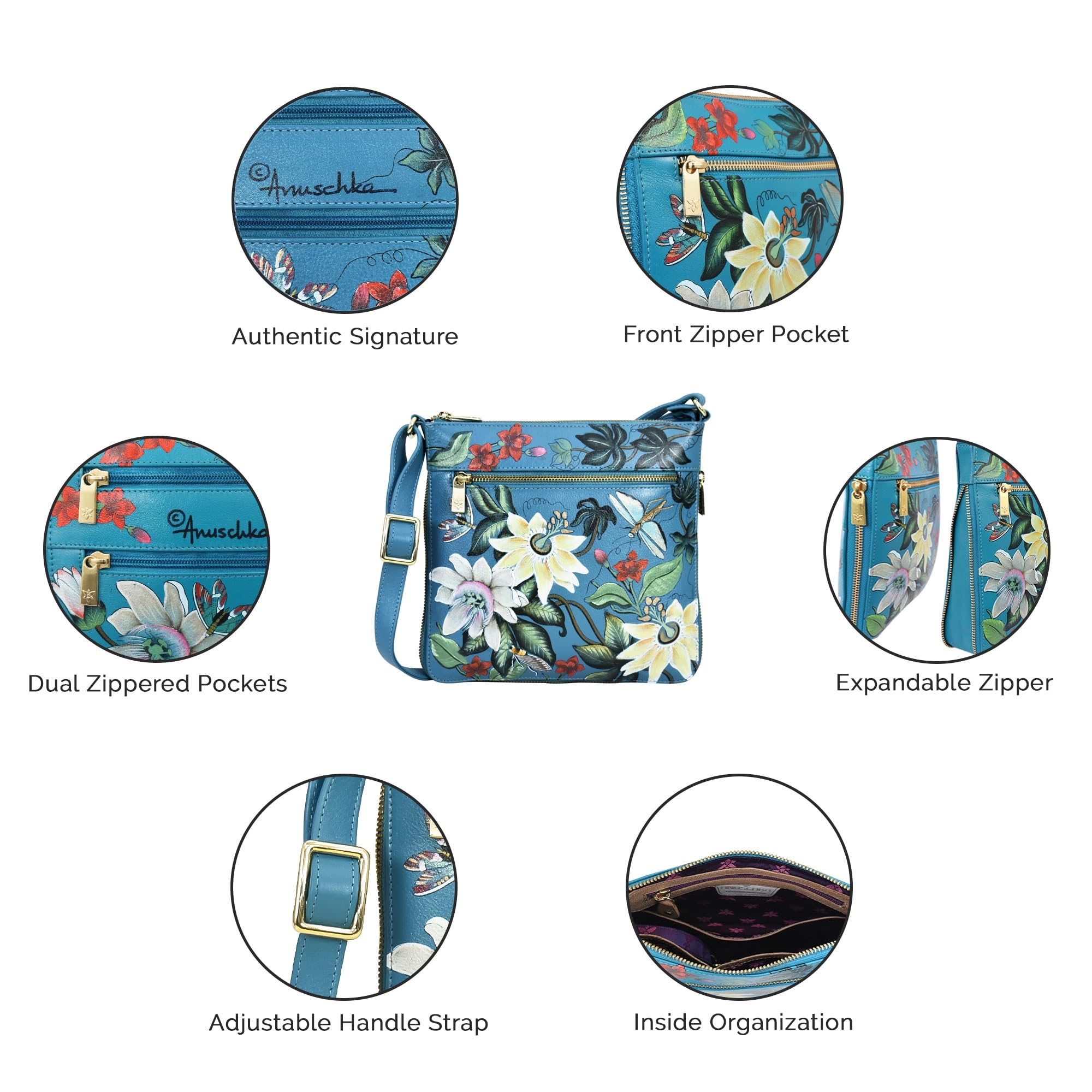 Anuschka Women's Hand Painted Genuine Leather Expandable Crossbody Purse - Top Zip Closure, Multiple Pockets & Adjustable Strap - Perfect for Travel, Shopping & Everyday Use