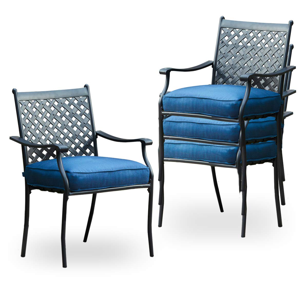 4-Piece Stackable Wrought Iron Patio Dining Chairs Set with Steel Frame & Oxford Cushion - Outdoor Metal Garden Furniture for Backyard, Poolside & Restaurant Use