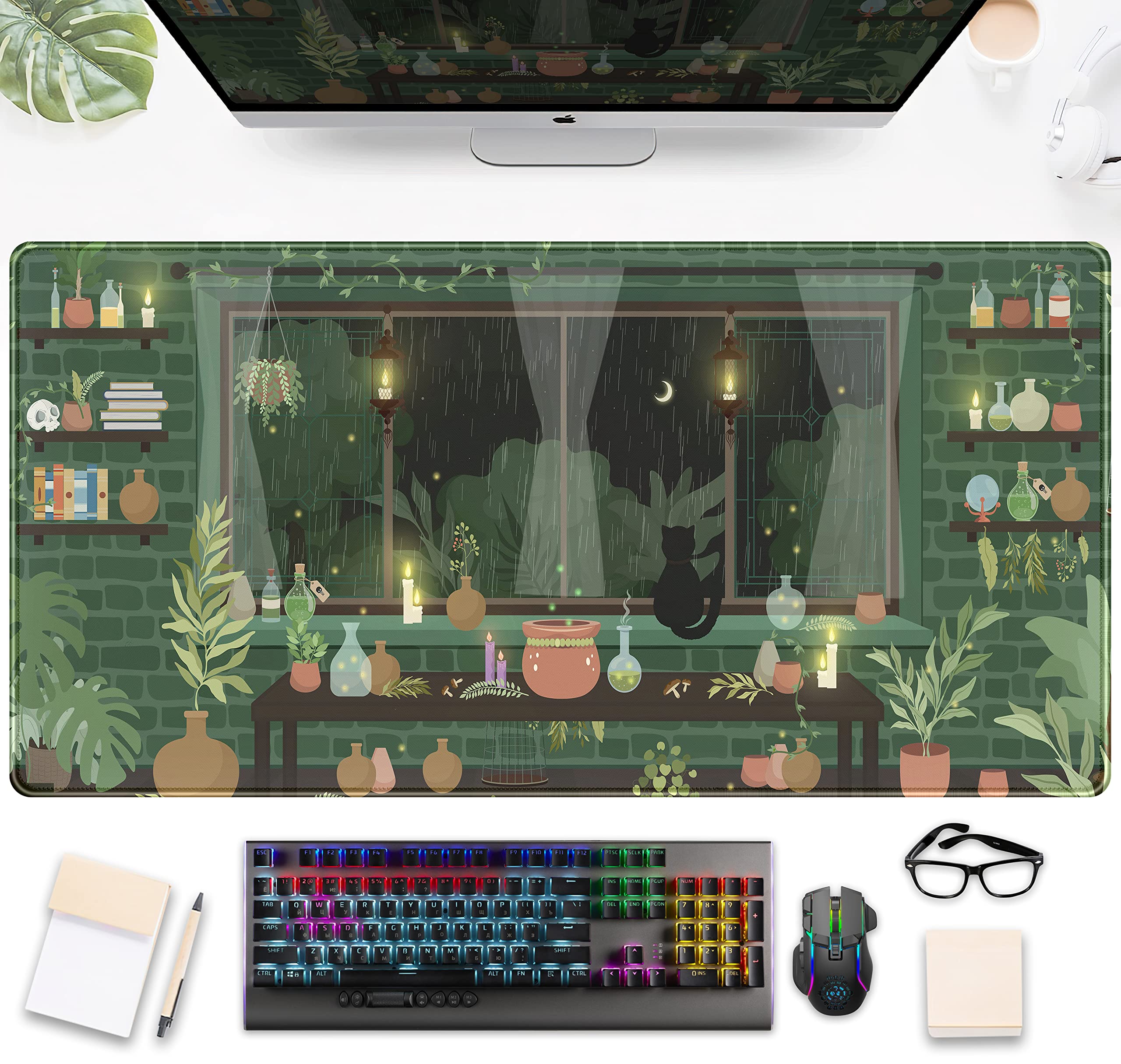 Green Plants & Black Cat Aesthetic XXL Gaming Mouse Pad (31.5