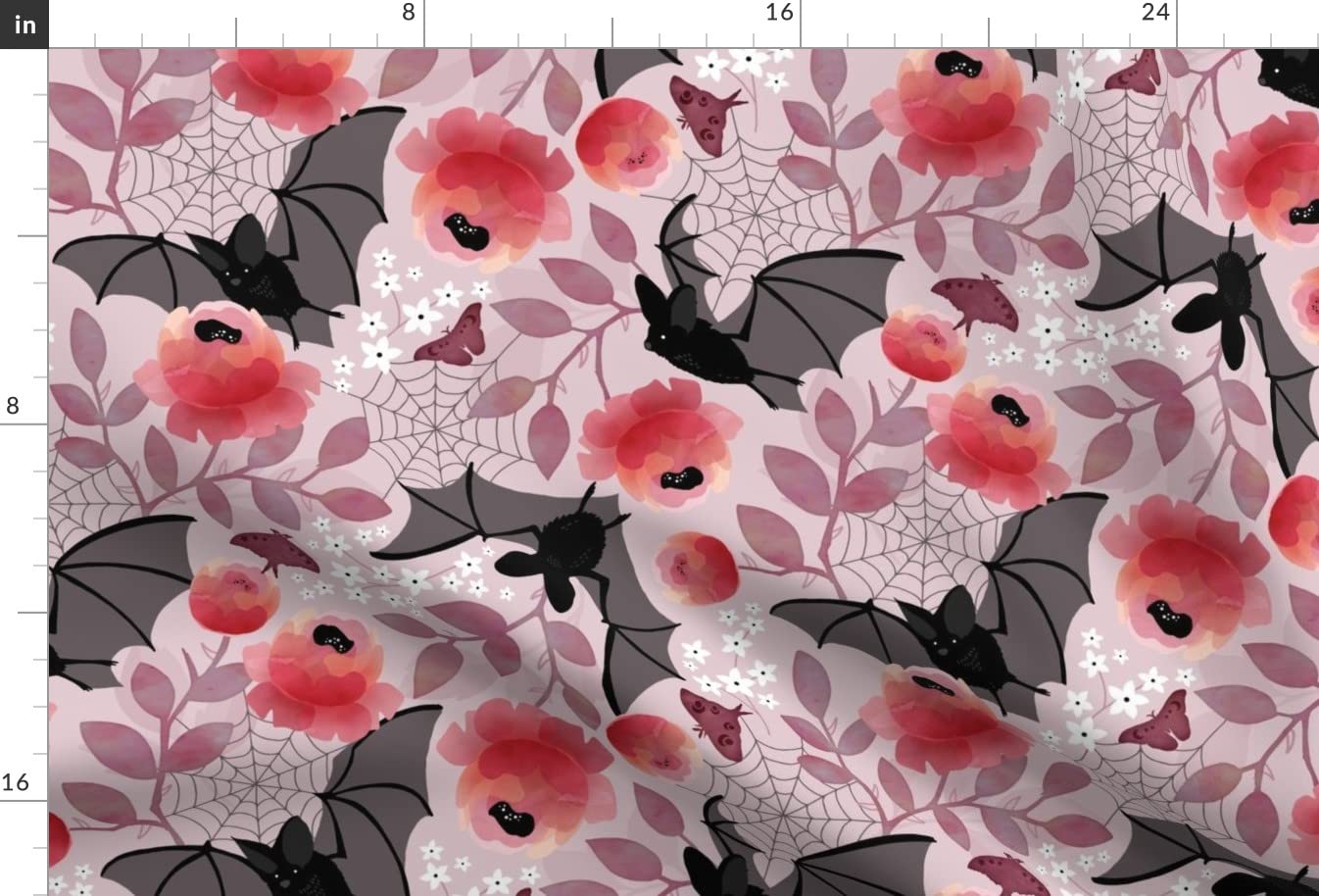 Pastel Bat Floral Pink Black Flowers Printed Minky Fabric - Soft Plush Fat Quarter for Sewing Baby Blankets, Quilt Backing & DIY Crafts - Nature Rose Gothic Design for Nursery Decor & Home Projects