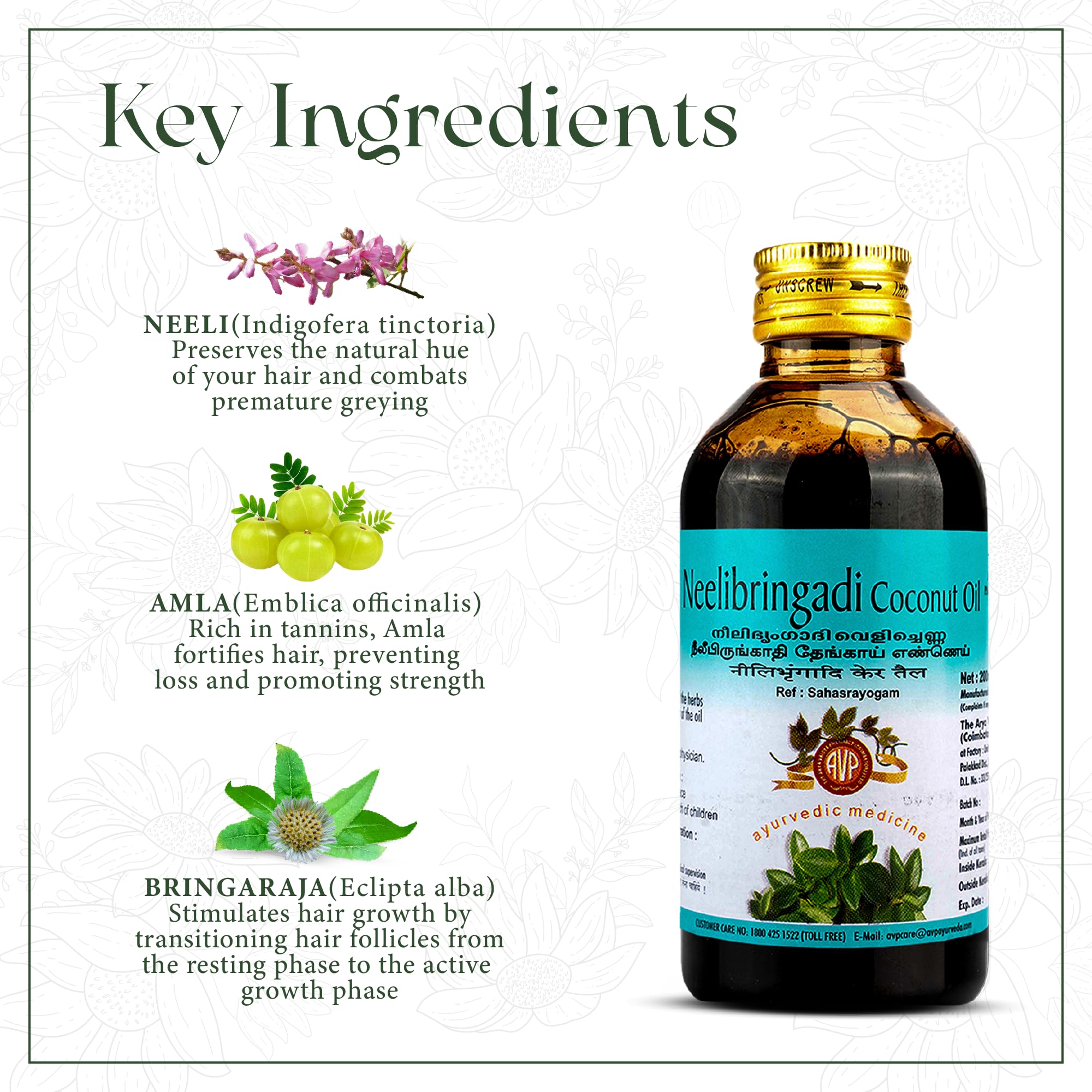 AVP Ayurveda Neelibringadi Coconut Oil 200ml - Natural Hair Growth Oil for Daily Use | Prevents Premature Greying, Reduces Dandruff & Strengthens Hair | Infused with Bringaraj, Neeli, Karnasphota & Amla | Coconut Oil Base | Perfect for Scalp Massage & Hair Care Routine