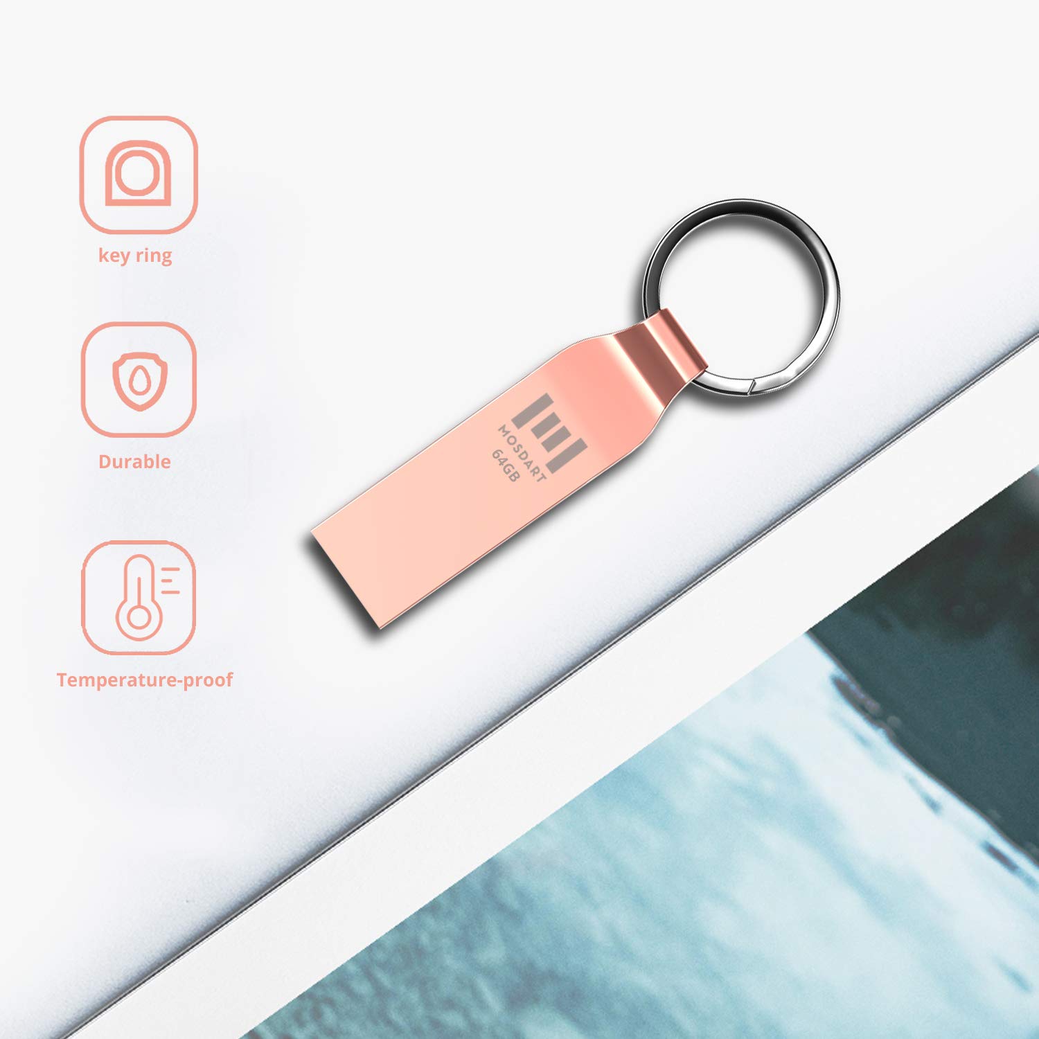 MOSDART 64GB Waterproof USB 2.0 Flash Drive - Metal Memory Stick with Keychain, exFAT Format for Windows/Mac, Rose Gold (2 Pack) - Perfect for System Backup, Data Storage & File Transfer at Home, Office or School