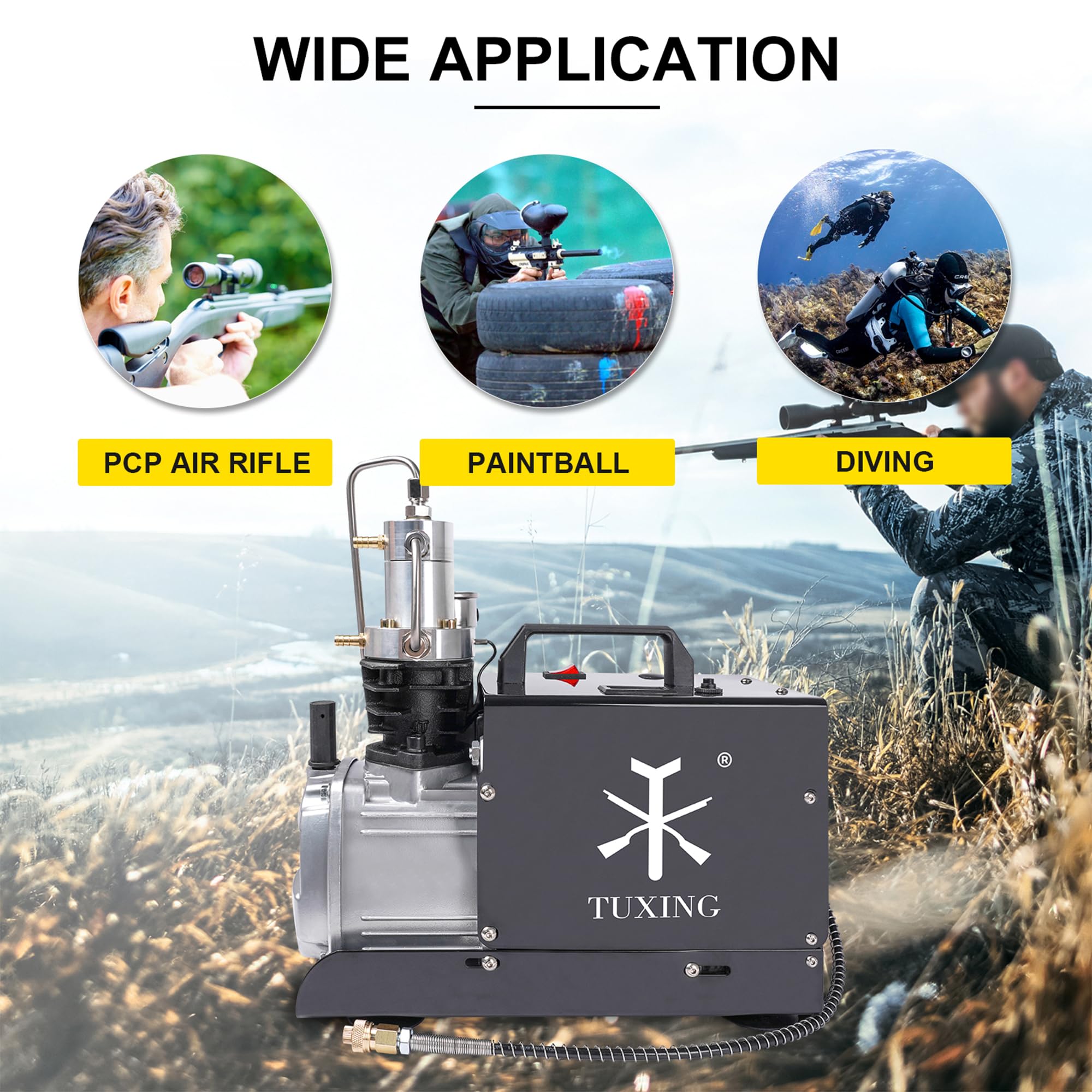 TUXING 4500Psi PCP Air Compressor with Adjustable Auto Stop - High Pressure Water Cooling Pump for PCP Air Rifles & Scuba Tank Charging - 110V Portable Compressor for Hunting, Paintball & Diving (Model TXES022)