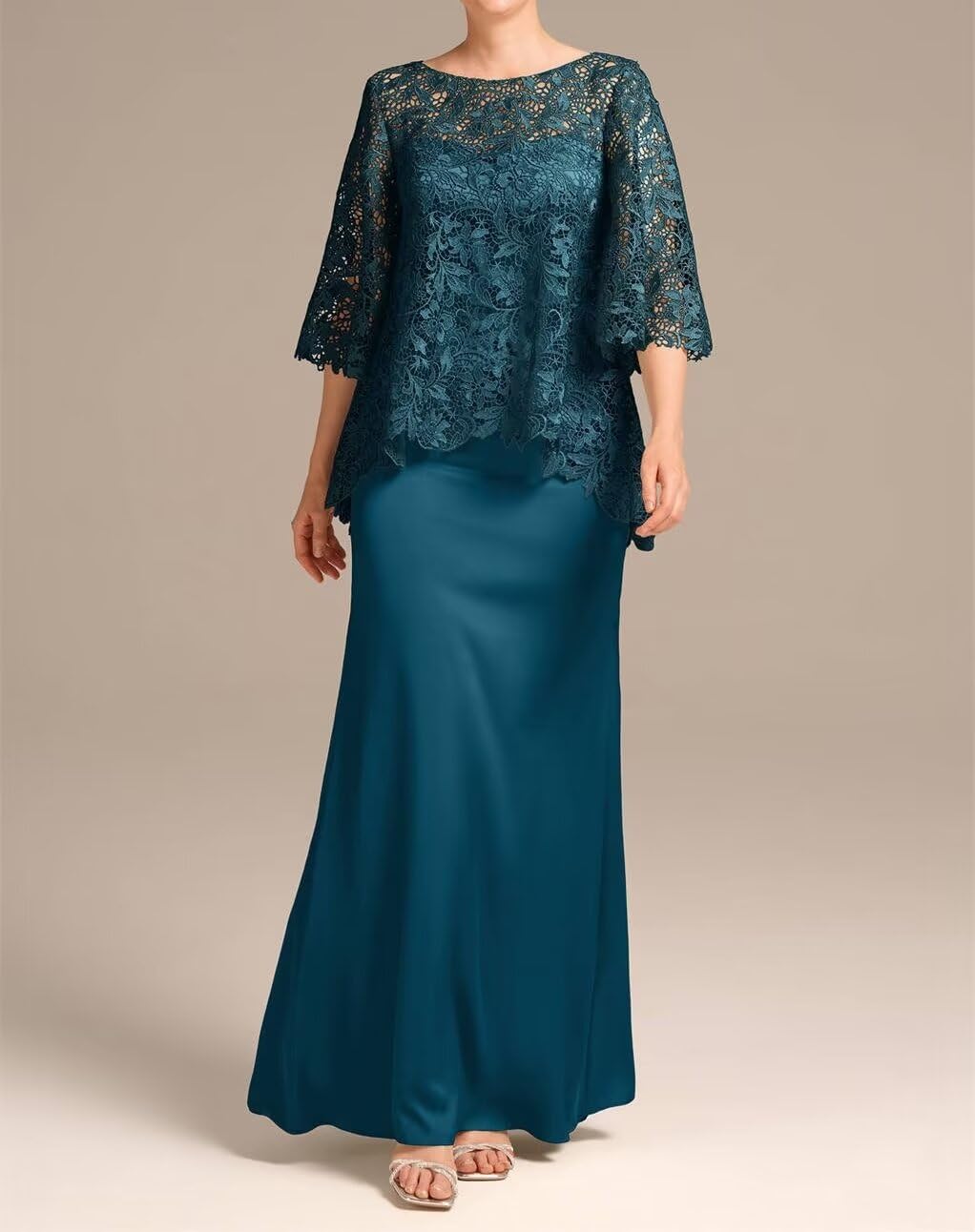 Elegant Long Satin Mother of The Bride Dress with Lace Applique & Jacket - Formal Evening Gown for Wedding Guest, Special Occasions & Black Tie Events
