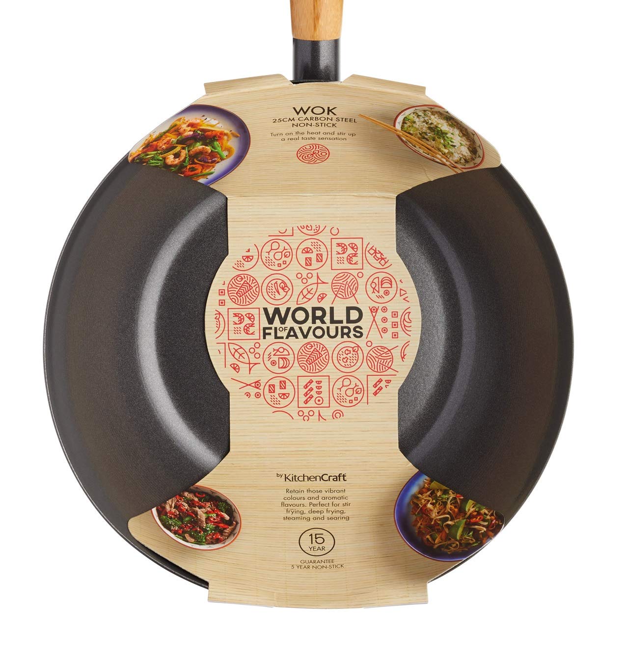 30cm Non-Stick Carbon Steel Wok with Wooden Handle - World of Flavors Oriental Stir Fry Pan for Asian Cooking, Home Kitchen & Professional Chef Use
