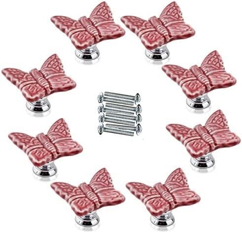 Vintage Ceramic Knobs 8pcs - Red Retro Butterfly Pulls for Kitchen Cabinets & Wardrobes