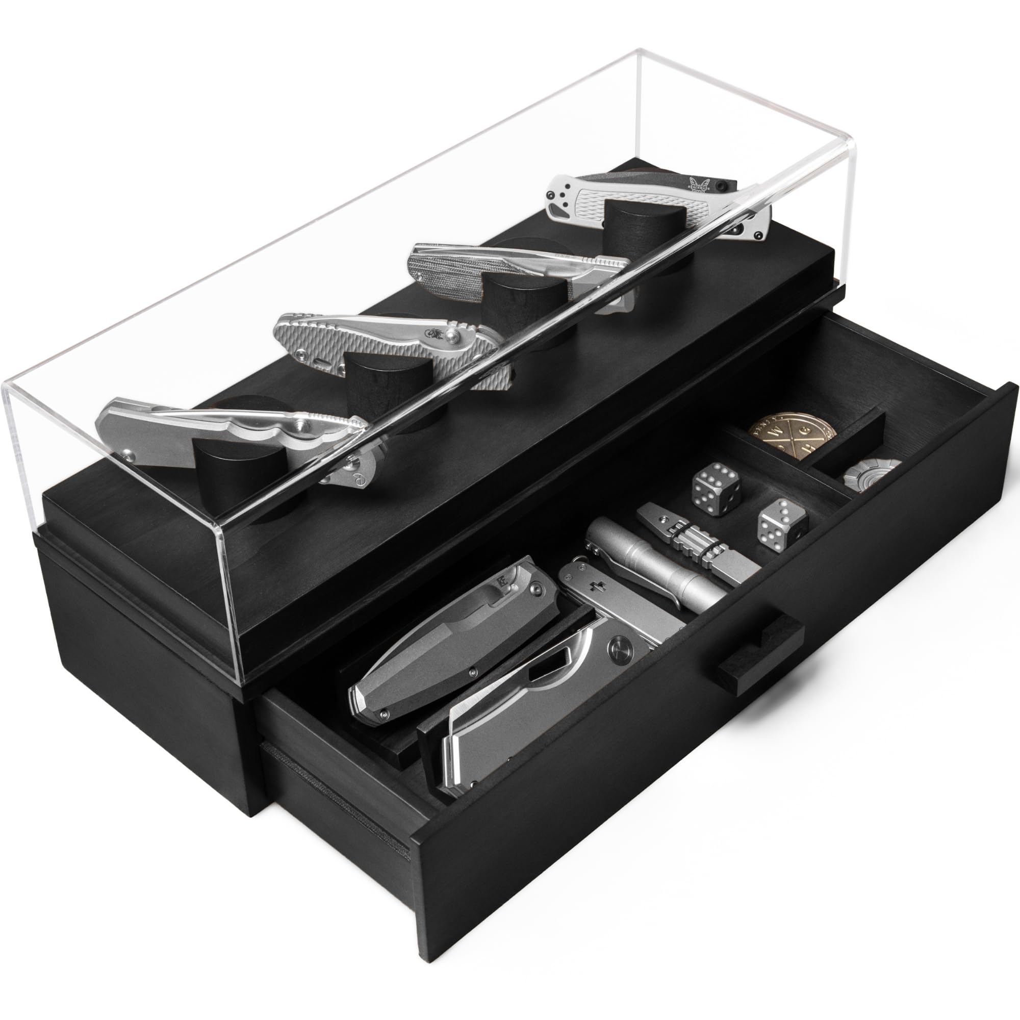 Premium Wooden Knife Display Case for 6 Pocket Knives - Knife Deck with Accessory Drawer - Durable Knife Holder for Collectors & Enthusiasts - Perfect Gift for Men (Birthday, Father's Day) - Lifetime Warranty - Ideal for Home, Office, or Workshop Display