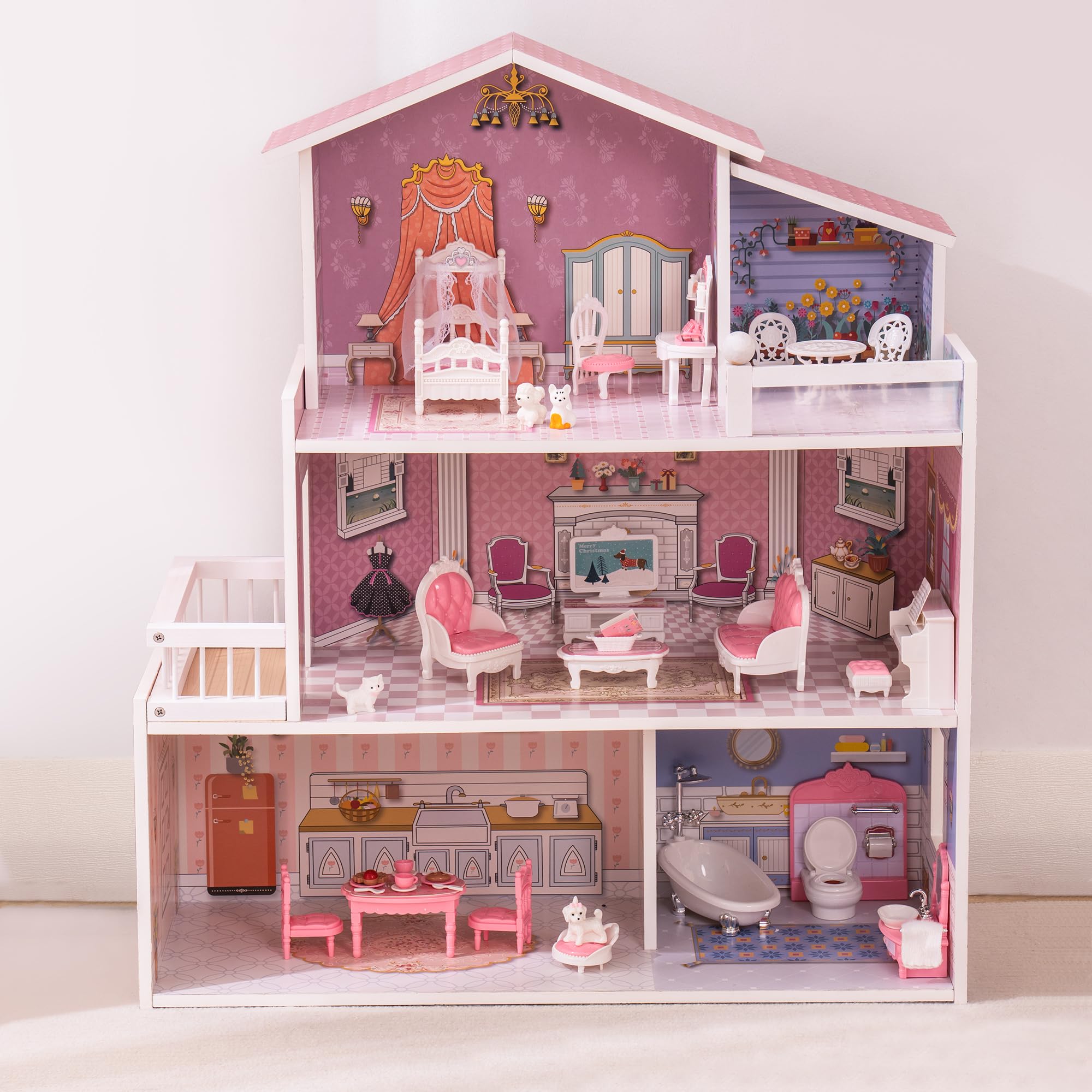 ROBUD 3-Story Wooden Dollhouse Playset with 24 PCS Furniture - 5 Room Pretend Play Toy for Kids, Toddlers & Girls | Perfect for Imaginative Play, Birthday Gifts & Early Childhood Development