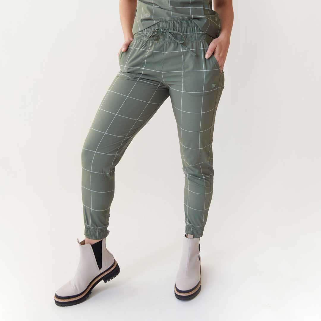 Destination Joggers for Women - Sage Windowpane Pattern Comfortable Lounge Pants - Perfect for Yoga, Running & Casual Wear