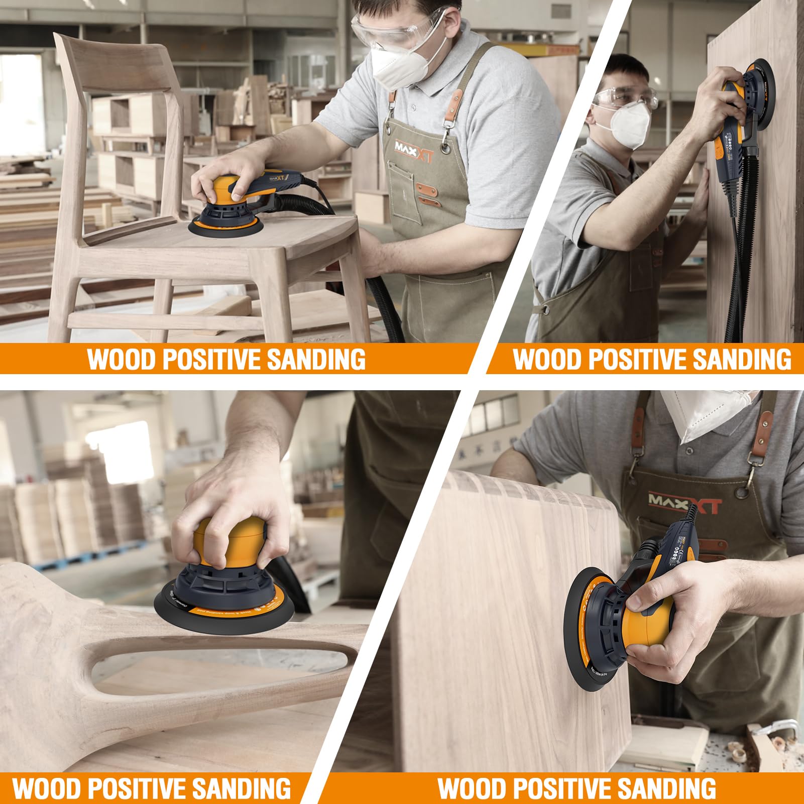 MAXXT Electric 5mm Random Orbital Sander with Brushless Motor - 5 & 6 Inch Sanding Pads, Central Vacuum System - Ideal for Woodworking, Primary Wood & Panel Processing (Orange) - Perfect for DIY Projects, Furniture Refinishing & Surface Preparation
