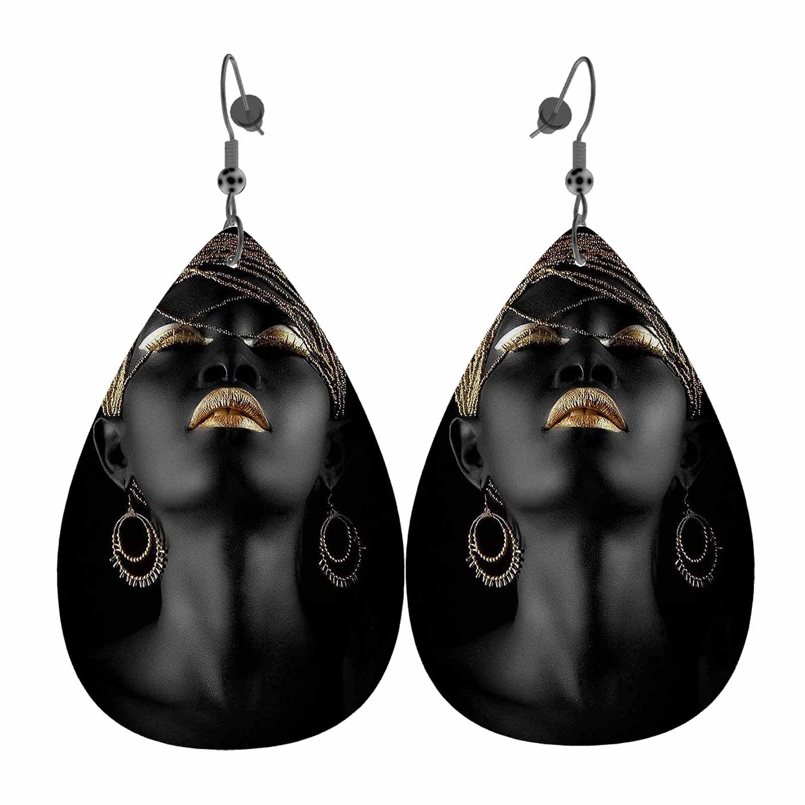 WONDERTIFY African American Women's Lightweight Double-Sided Dangle Earrings - Gold & Black Leaf Design Teardrop Leather Earrings for Women & Girls | Perfect for Afro Fashion, Cultural Events, and Everyday Wear