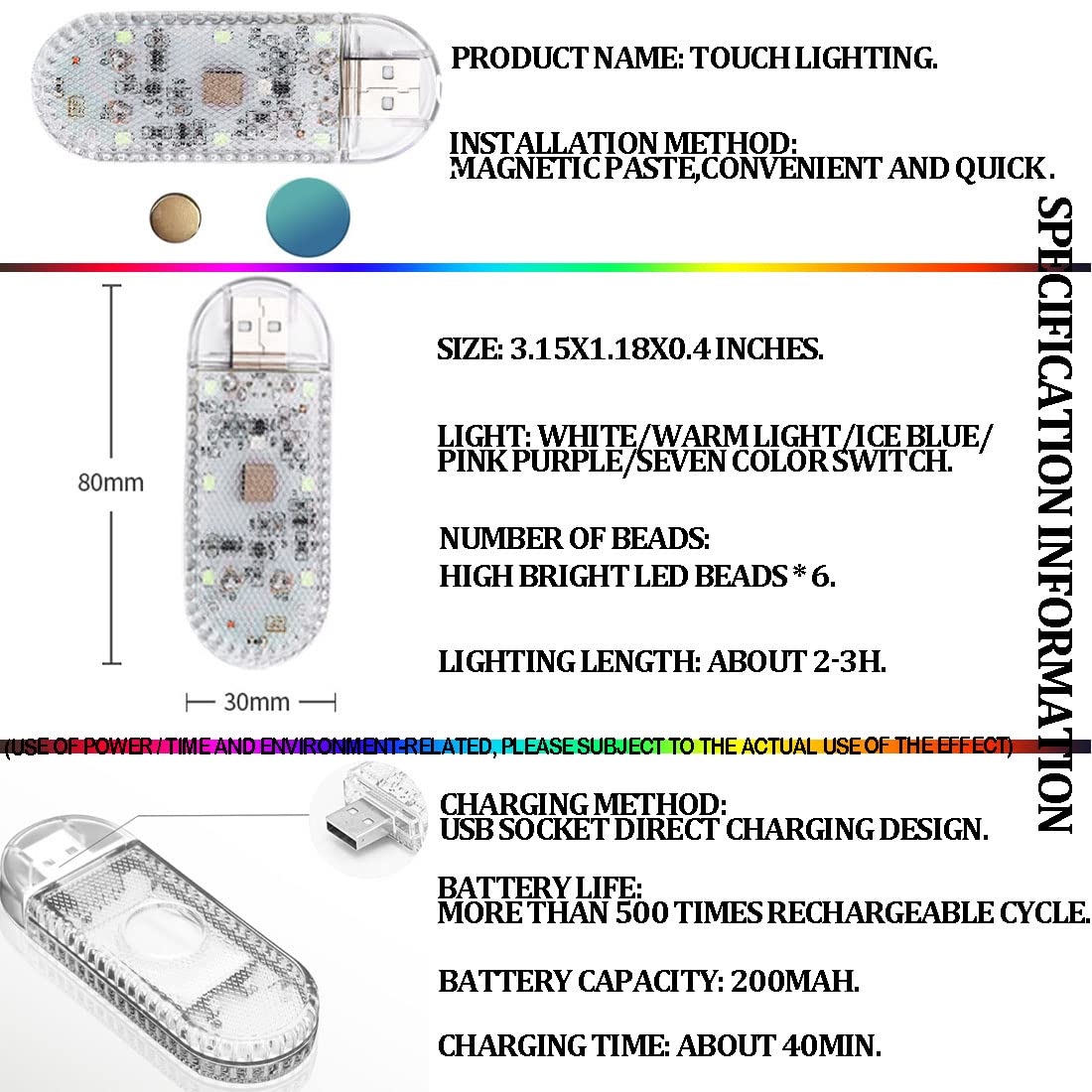2 PCS LED Car Interior Lights, USB Touch Control Reading Light for Cars (3.15x1.18x0.4 Inch) - Perfect for Night Driving, Map Reading & Interior Illumination