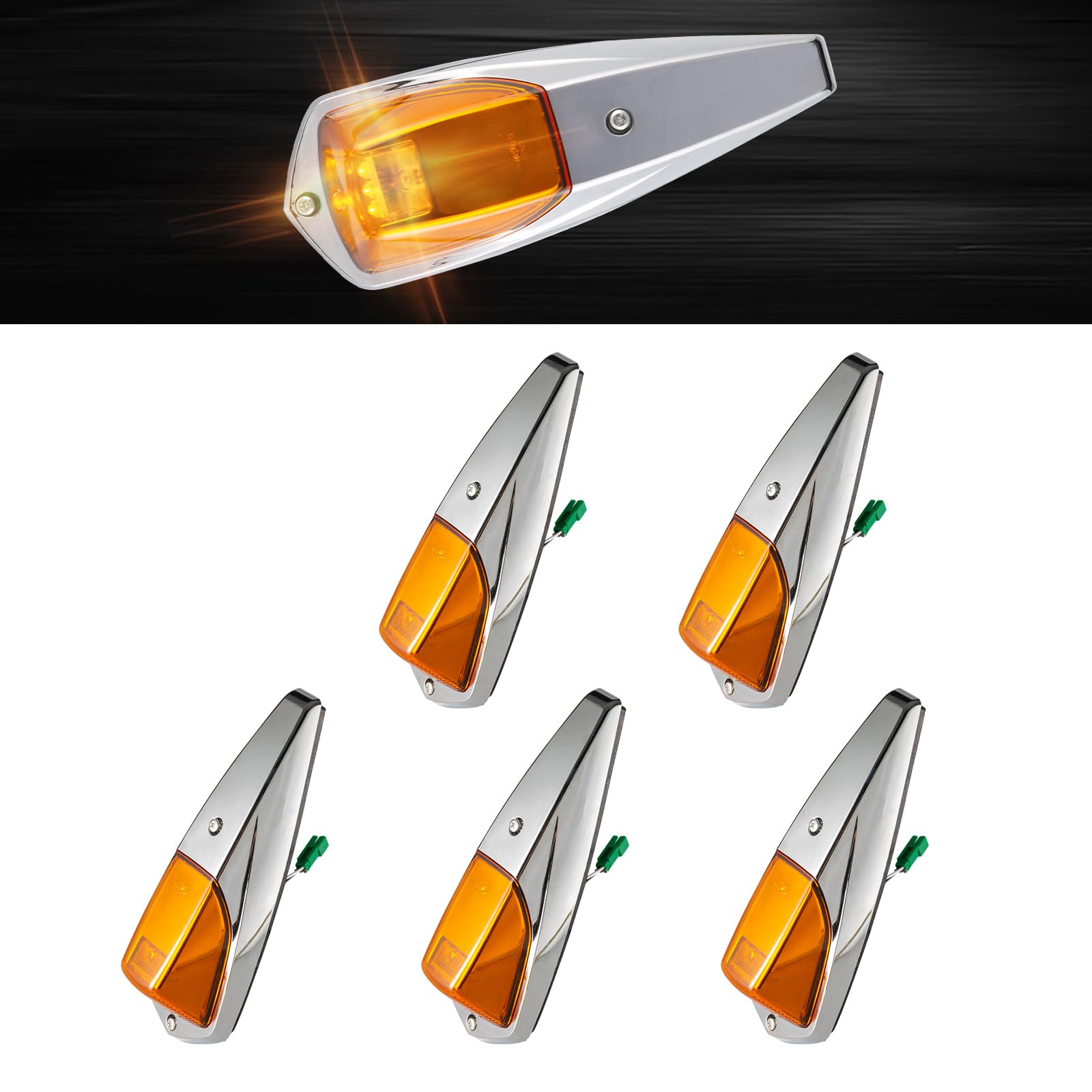 5PCS Amber LED Cab Roof Marker Lights - Waterproof 12V Truck Running Lamps for Kenworth T680 T880 - Durable Chrome Housing for Heavy-Duty Trucks & Commercial Vehicles (Ideal for Night Driving & Enhanced Visibility)