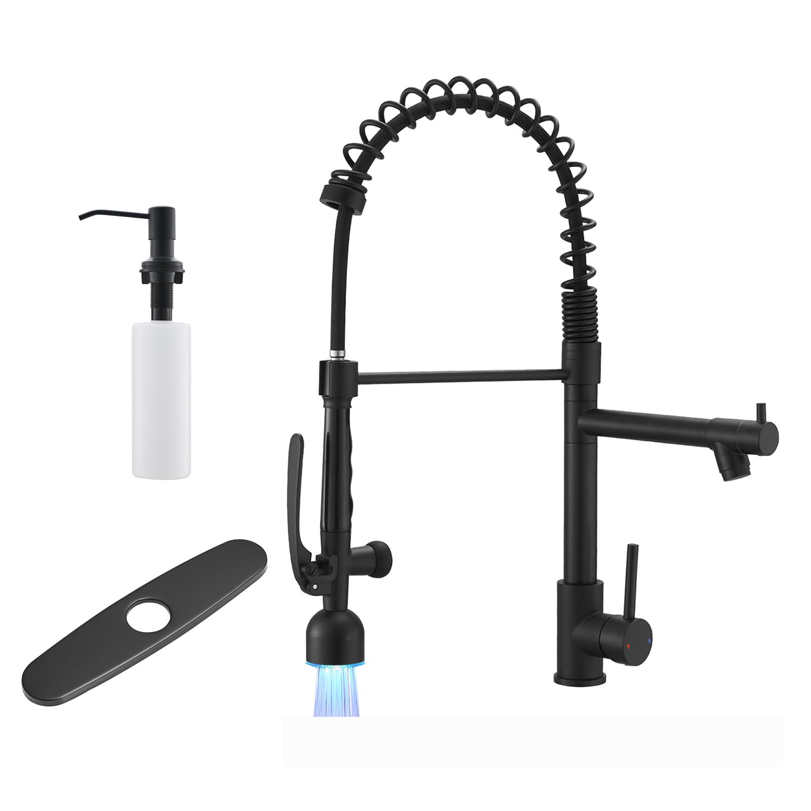 Fapully Matte Black LED Kitchen Faucet with Deck Plate & Soap Dispenser - Modern Touchless Water-Saving Faucet for Home Kitchen & Bar Sink