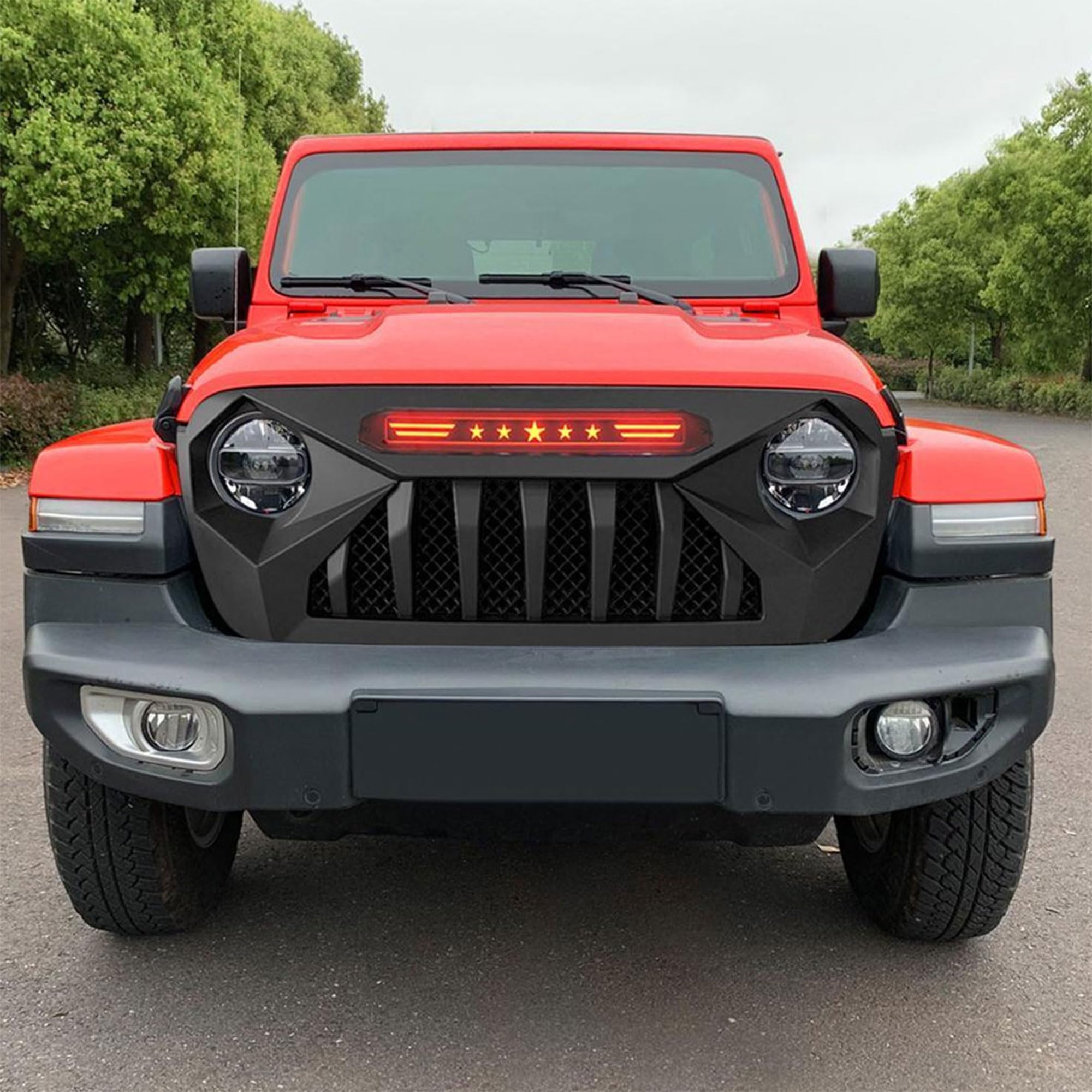 American Modified Demon Front Grille with Red LED Star Lights for Jeep Wrangler JL & Gladiator JT (2018-2021) - Matte Black | No TrailCam Required | Off-Road Upgrade for Enhanced Style & Night Visibility