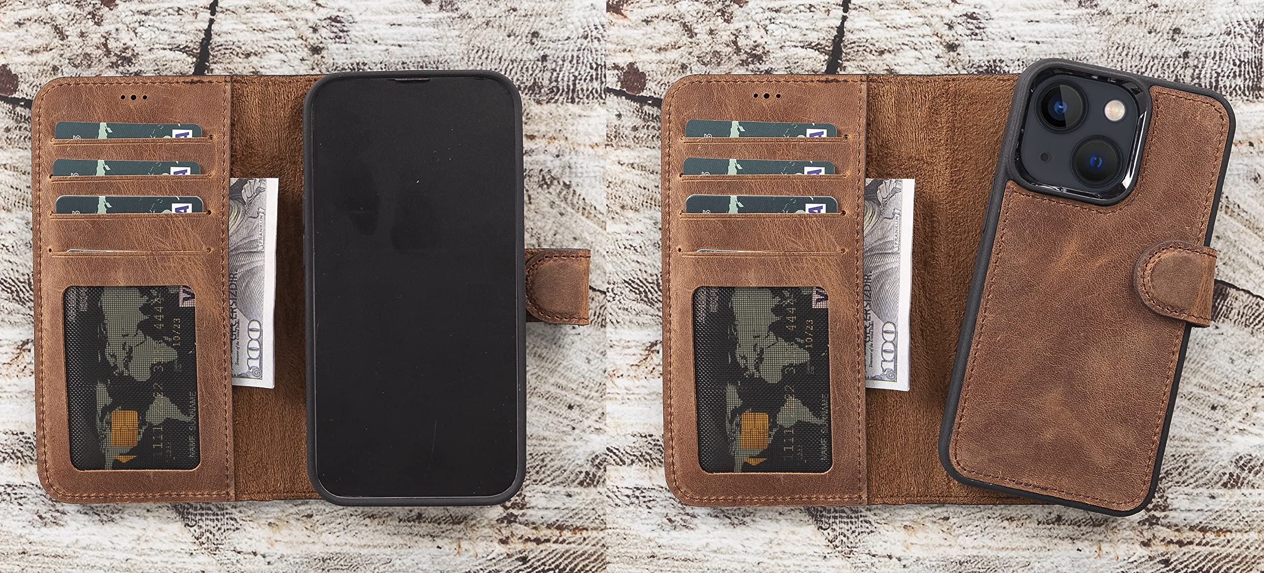 Vintage Brown Genuine Leather iPhone 14 Pro MAX Wallet Case with 4 Card Slots & Kickstand - RFID Protected, Wireless Charging Compatible - Handmade for Men & Women (Also Fits iPhone 14/13/12) - Perfect for Daily Commute, Business Meetings & Travel