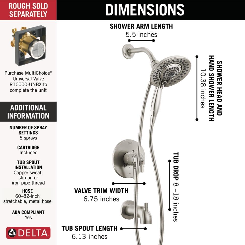 Delta Saylor 17 Series Brushed Nickel Tub and Shower Faucet Combo with In2ition 2-in-1 Shower Head & Handheld Spray - T17435-SS-I (Valve Not Included) - Perfect for Bathroom Renovation and Modern Home Upgrade