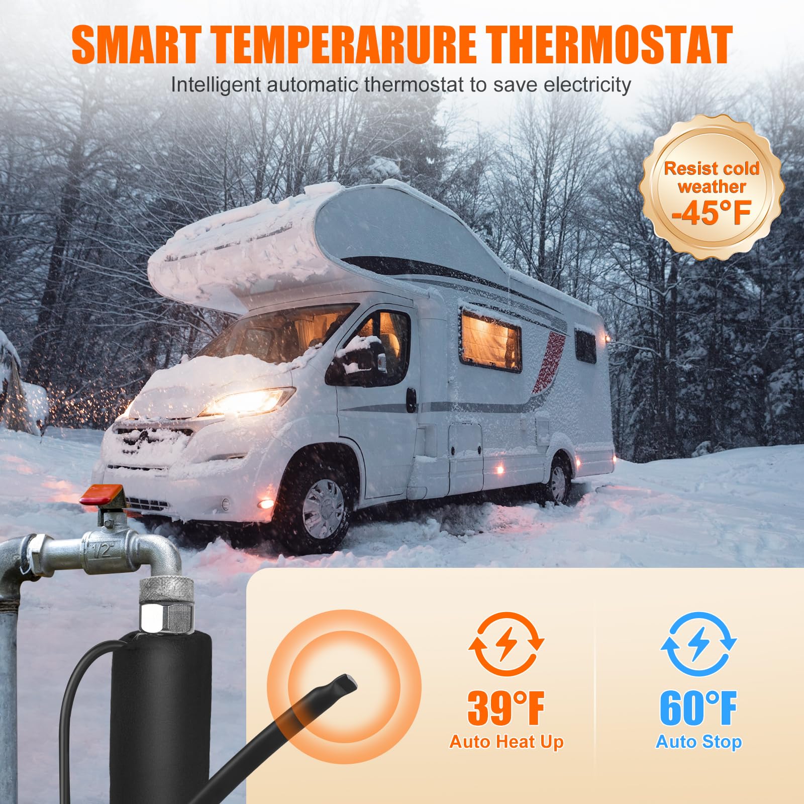 75FT Heated RV Water Hose with Thermostat - Lead & BPA Free, 1/2