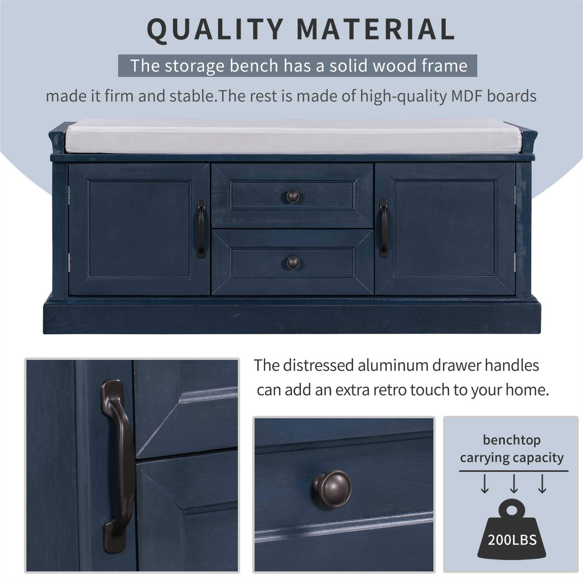 Rustic Wooden Storage Bench with 2 Cabinets & 2 Drawers - Entryway Shoe Bench with Removable Cushion - Antique Navy Organizer for Bedroom, Hallway, Living Room - Perfect for Small Space Storage & Entryway Seating