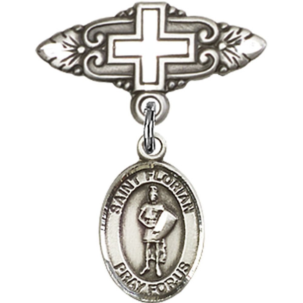 St. Florian Sterling Silver Baby Badge with Cross Charm - 1 x 3/4 Inch Religious Jewelry Pin - Perfect for Baptism Gifts, Christening Keepsakes & First Communion Accessories